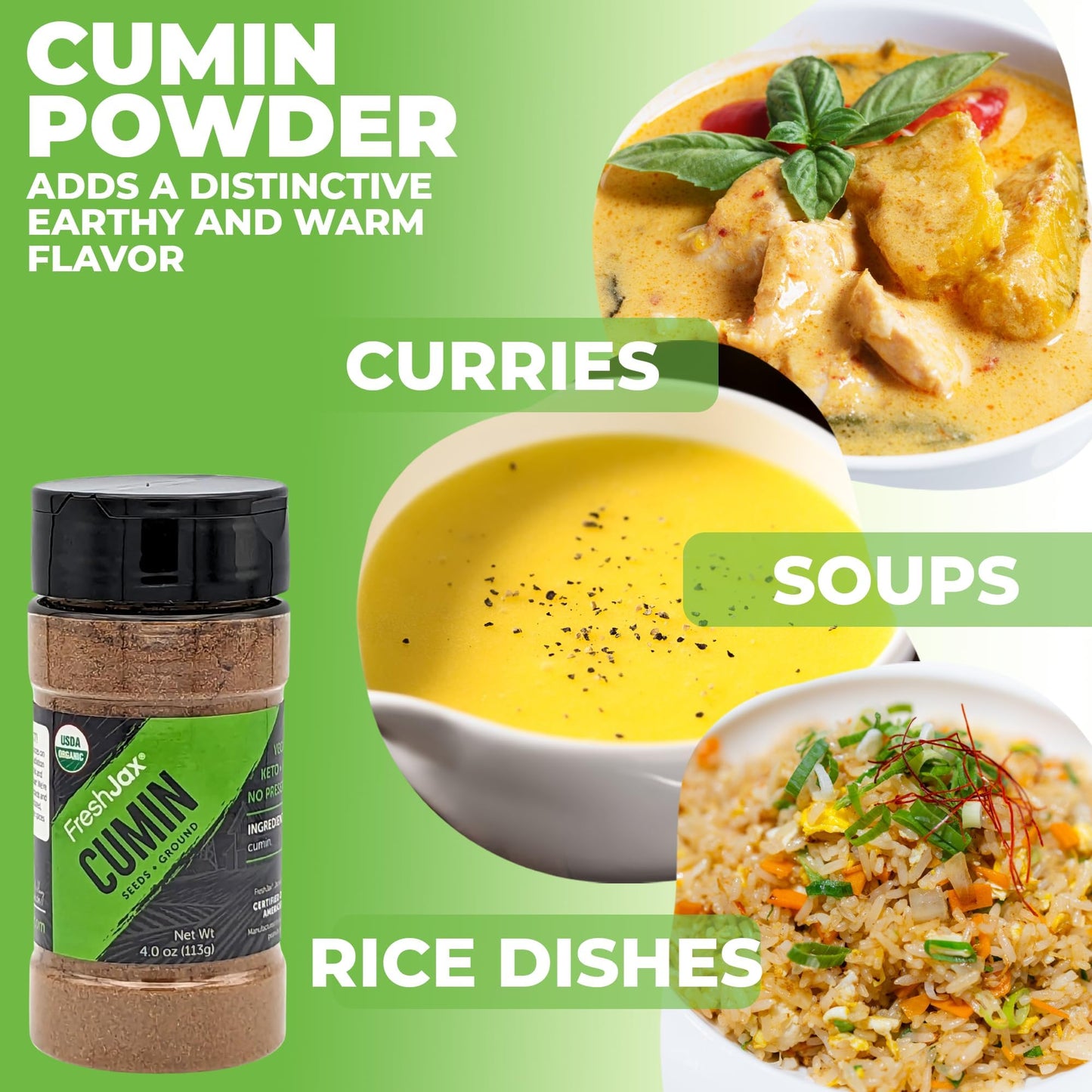 FreshJax Organic Ground Cumin - Premium Spices, 4 Ounce Bottle