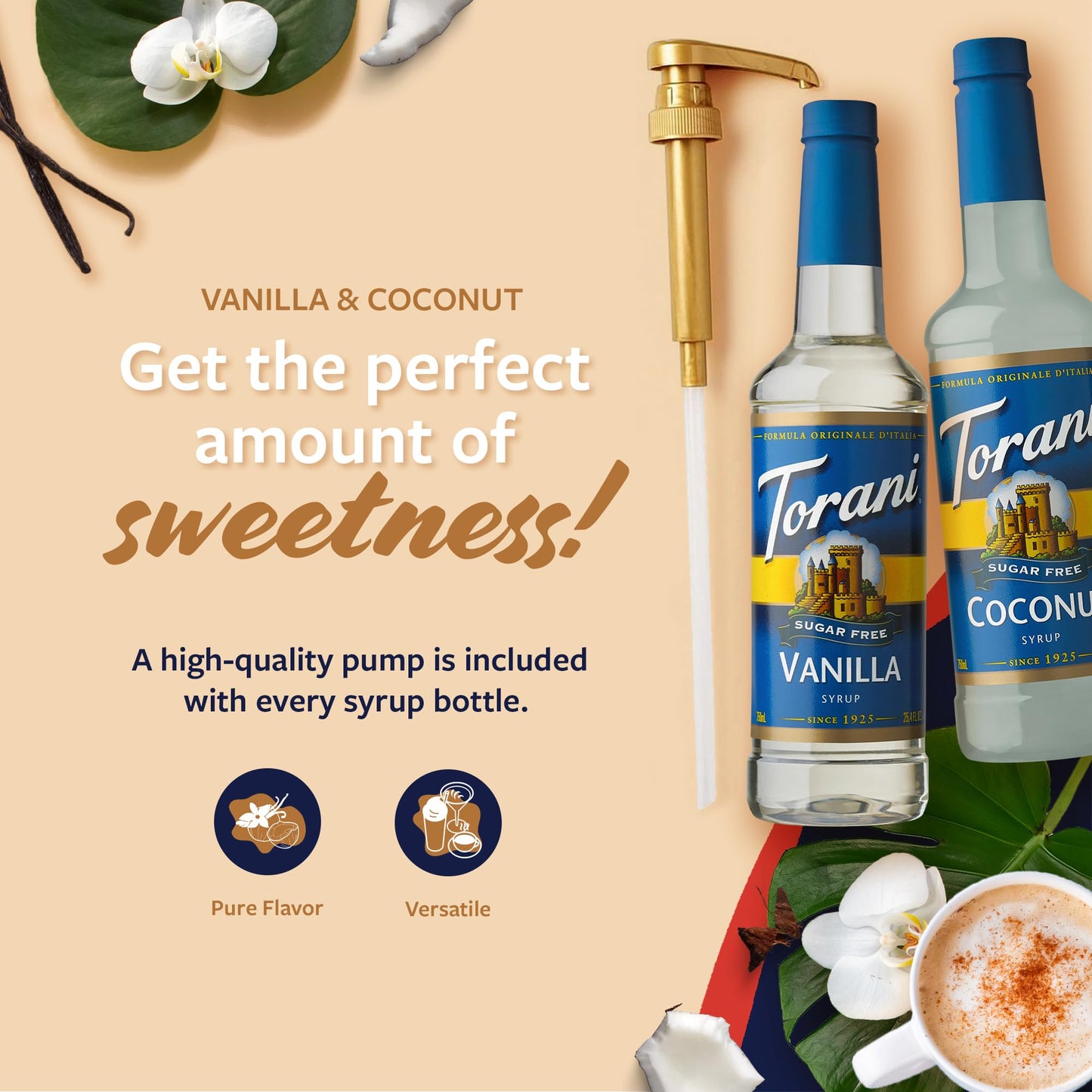 Torani Sugar Free Coconut Syrup And Sugar Free Vanilla Syrup Variety 2-Pack, Coffee Syrups For Drinks, Pumps Included, 25.4 Fl O