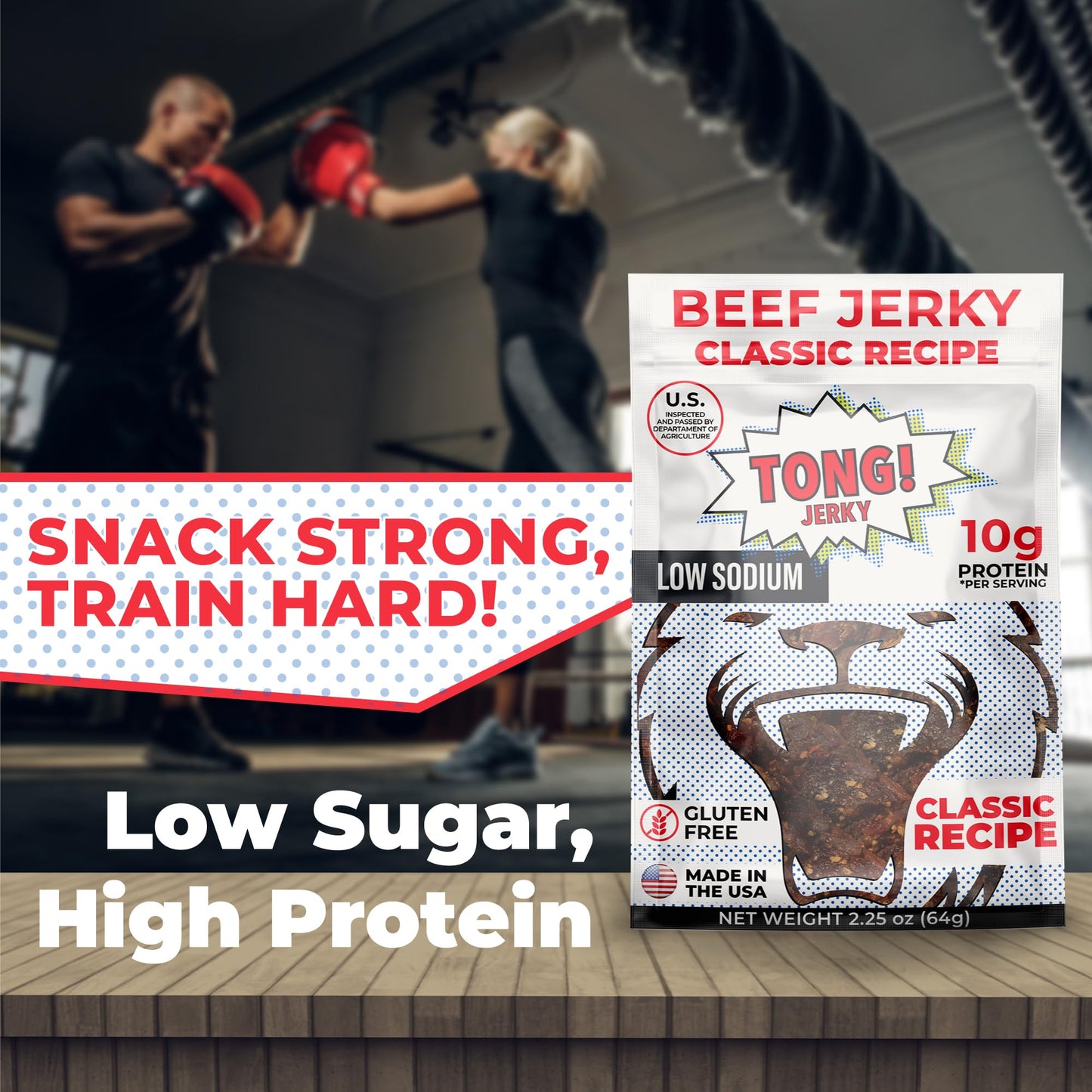 Tong Jerky Classic Flavor Beef Jerky Snacks 2.25 Oz (Pack Of 4) - Low-Sugar Jerky, Gluten-Free Beef Jerky, High Protein - People