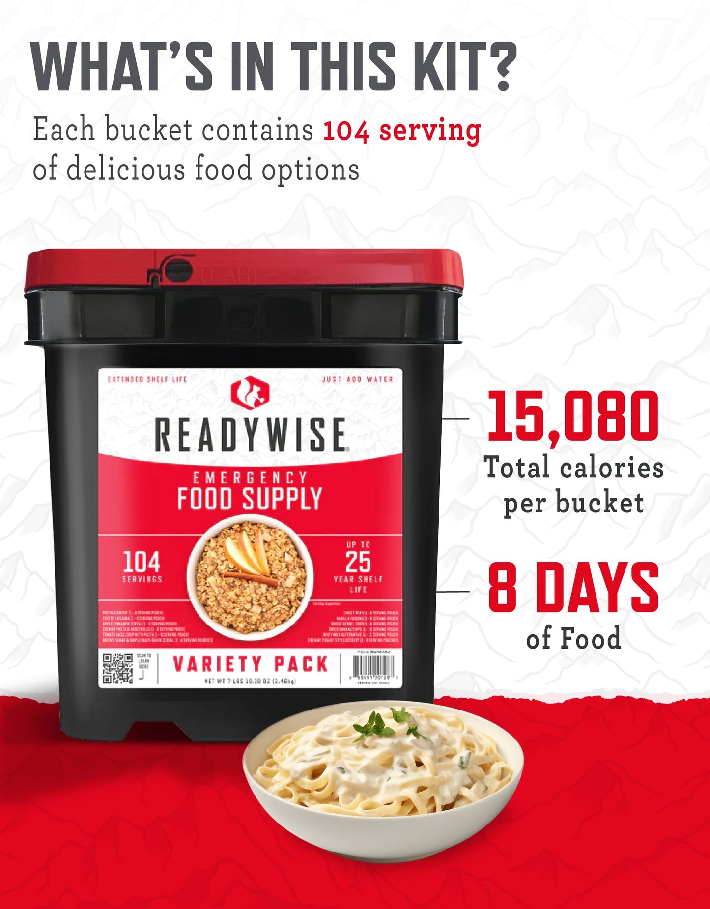 ReadyWise Emergency Food Supply - 104 Servings Variety Pack Bucket, Protein Meals, Dehydrated & Freeze Dried Food for Backpackin