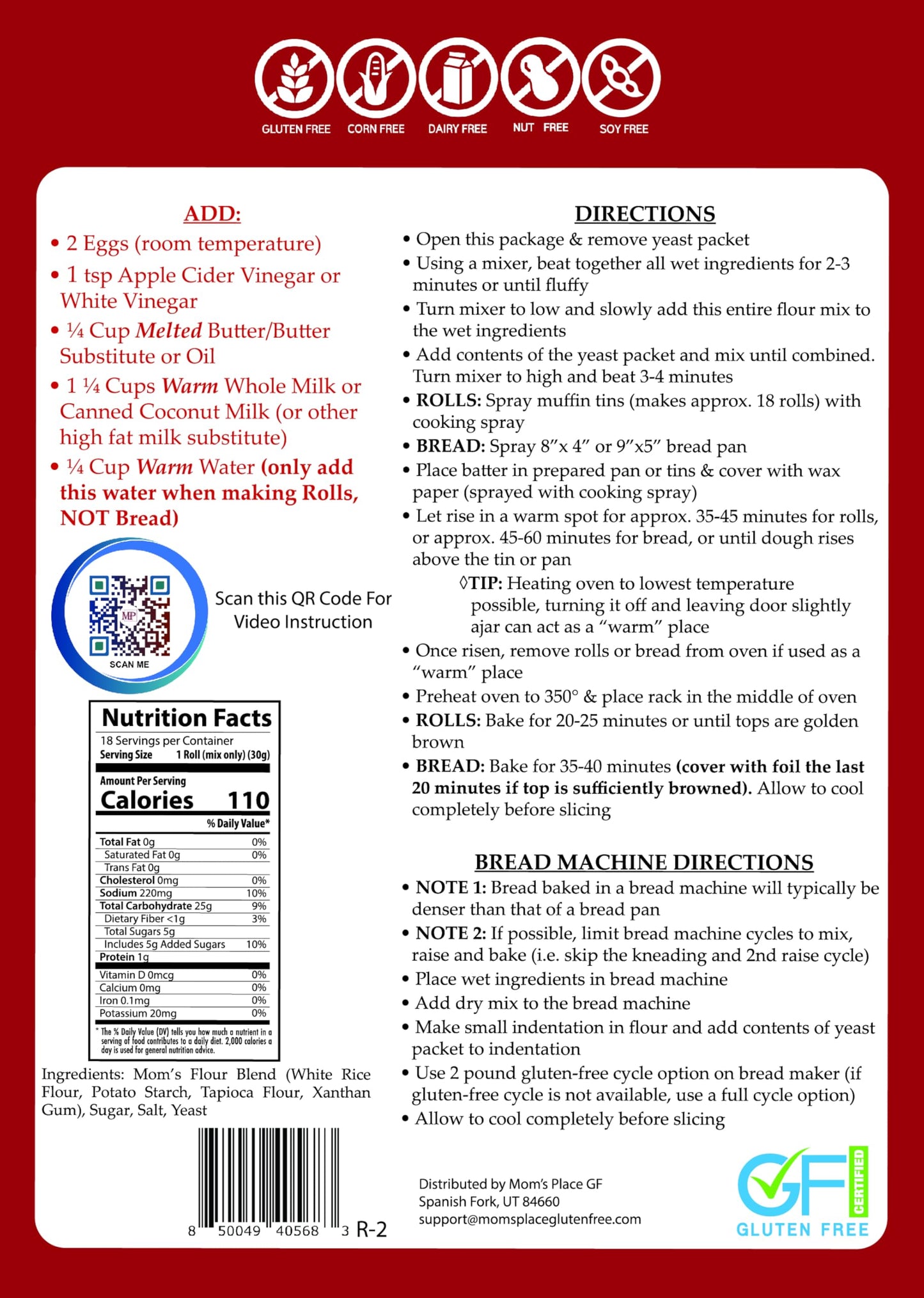 Moms Place Gluten-Free Best Rolls & Bread Mix - Dairy Free, Nut Free, Soy Free, Corn Free, NON GMO, Preservative Free, 19 oz