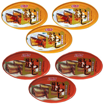 Nissui Canned Sardine Variety Pack - Sweet Soy Sauce & Misoni (Soybean Paste) - Japanese Iwashi  Ready-To-Eat  High-Protein Seafood  3.52 Oz (6 Cans)