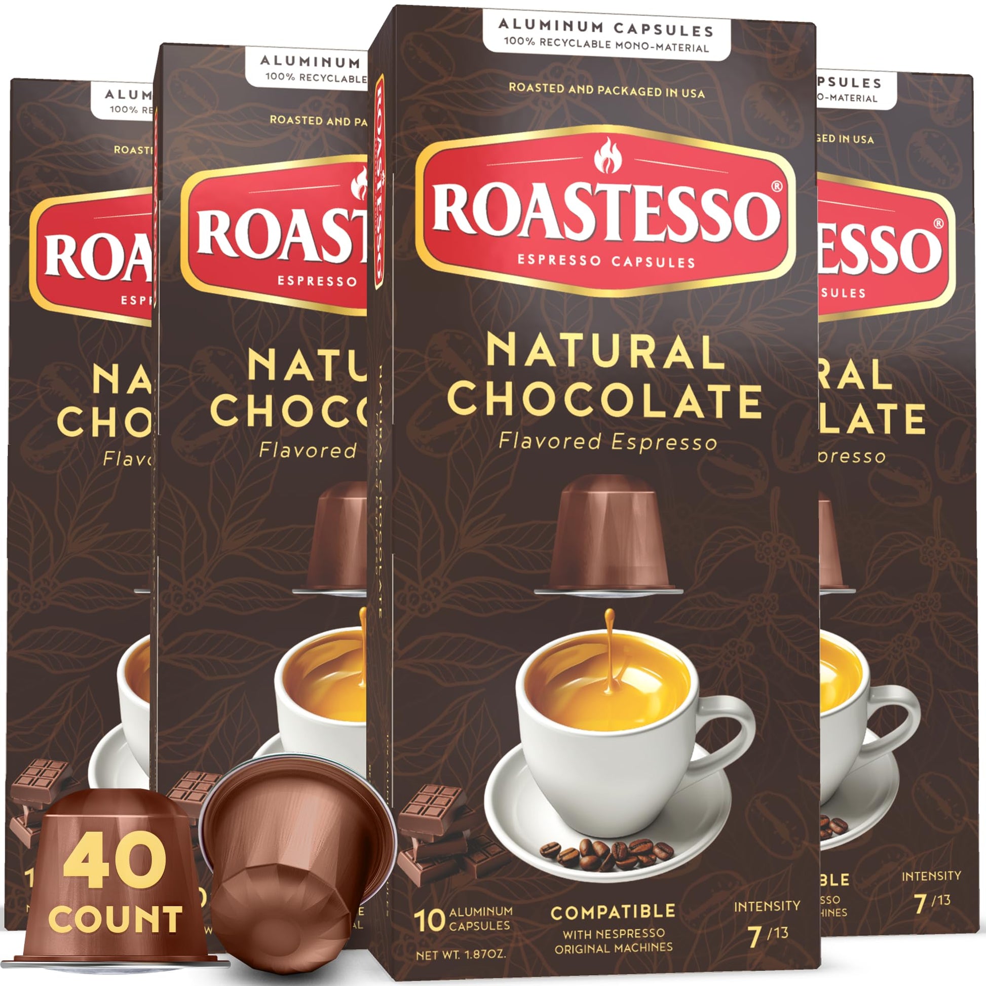Roastesso Aluminum Espresso Capsules, Natural Chocolate Flavor, Medium Roast 7, 40 Count, Compatible with Nespresso Original Machines