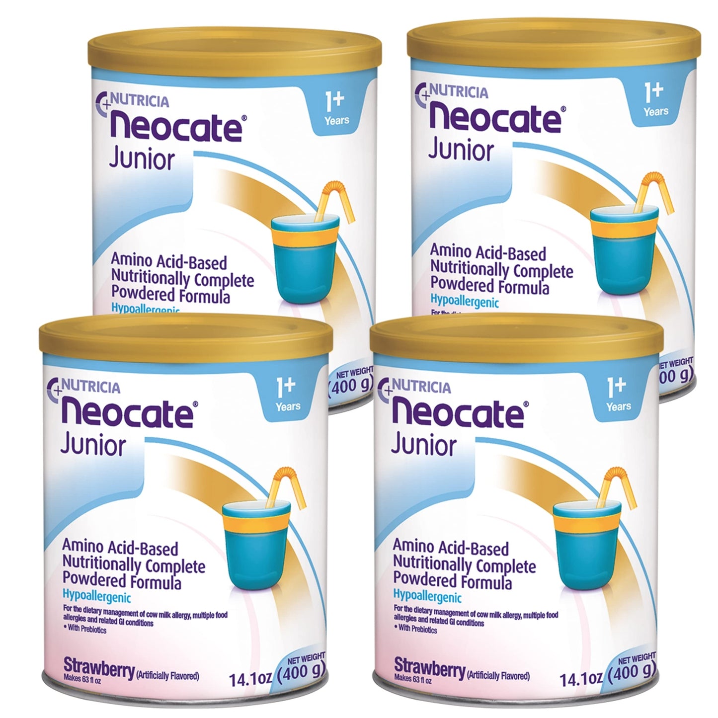 Nutricia Neocate Junior - Hypoallergenic, Dairy-free, Amino Acid-Based Formula for 1+ Years - For Toddlers, Kids & Teens - Powdered Formula - Strawberry - 14.1 oz can (Case of 4)