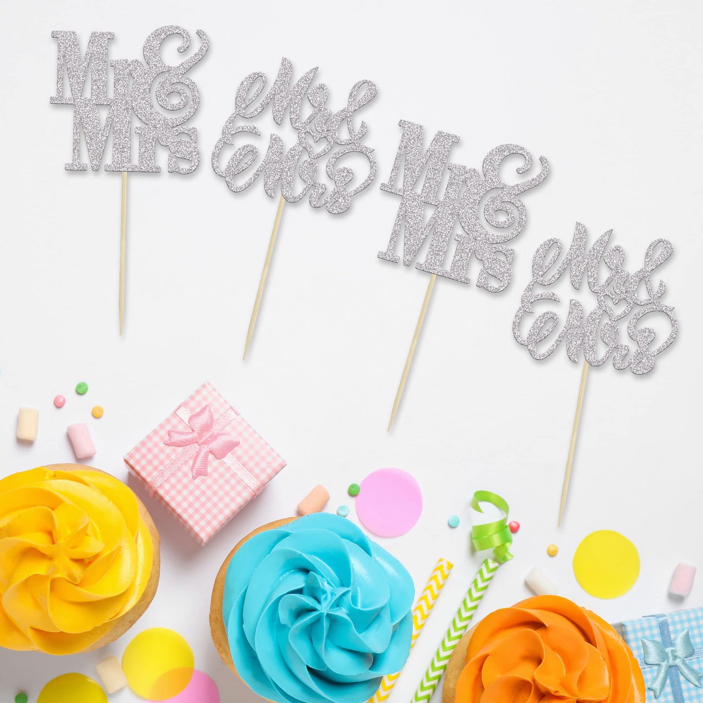24Pcs Silver Glitter Mr & Mrs Cupcake Toppers Love Wedding Cupcake Toppers Bridal Shower Cake Pick Decorations For Bridal Shower