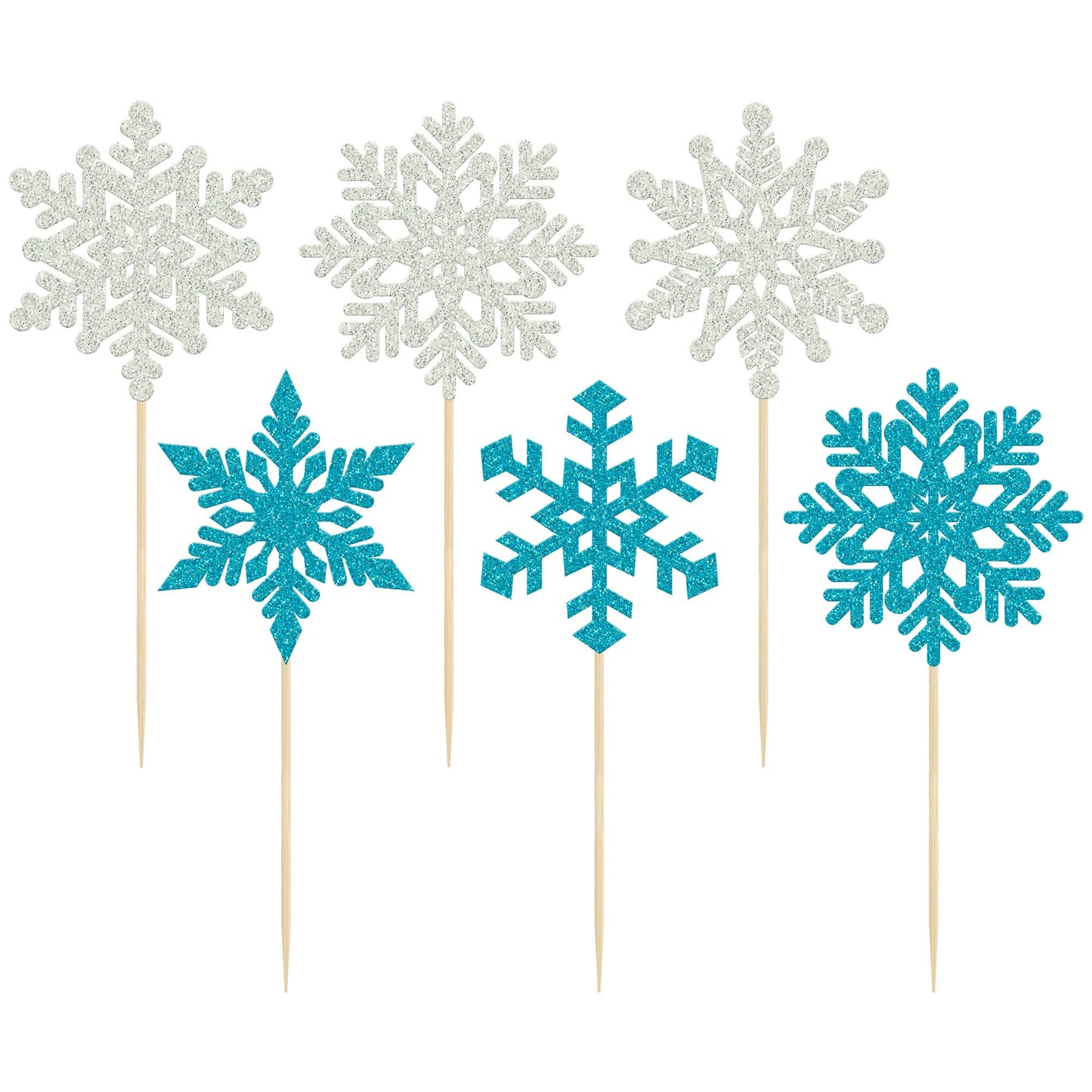 Gyufise 36 Pack Snowflake Cupcake Toppers Blue Silver Glitter Winter Frozen Theme Cupcake Picks Baby Shower Kids Birthday Party