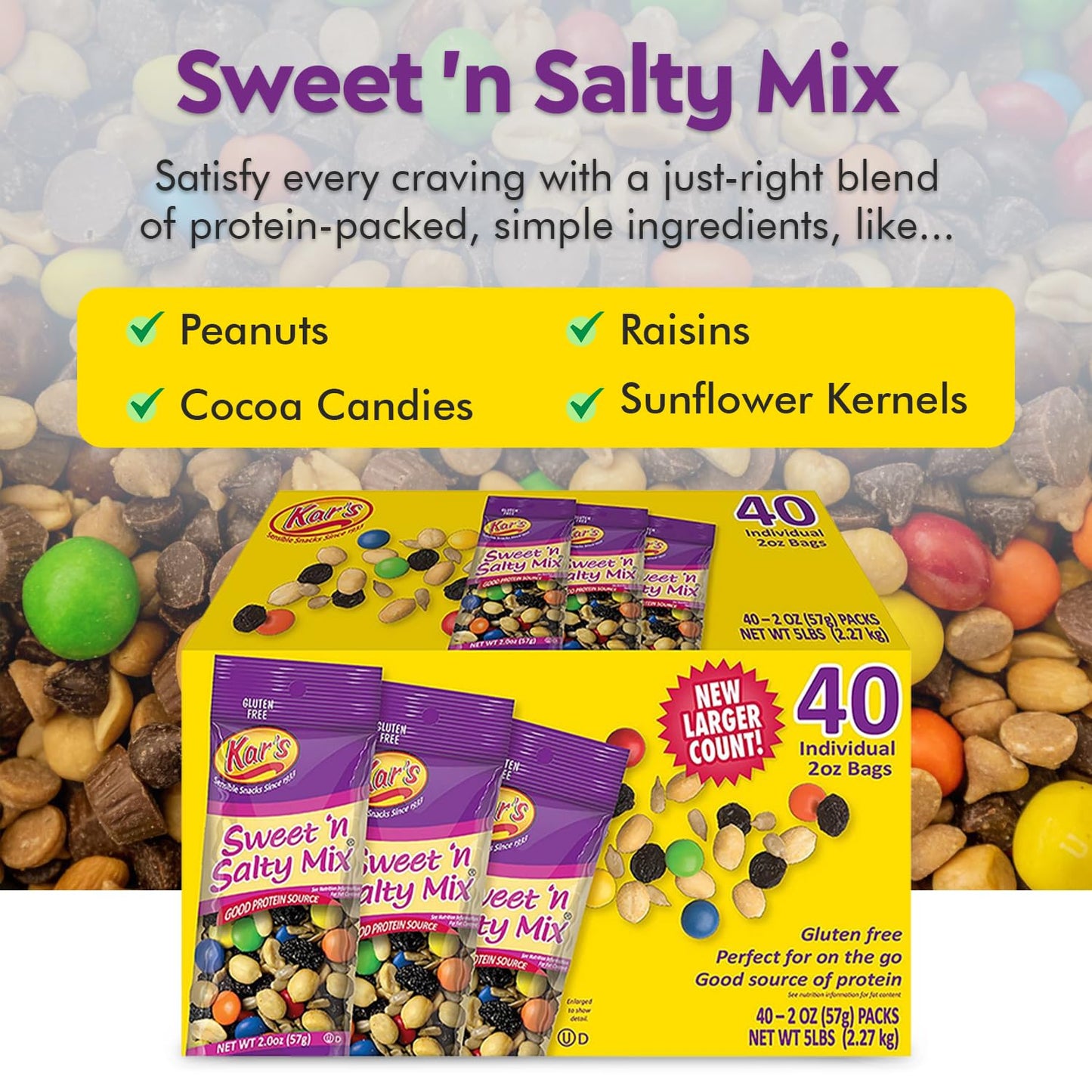 miubaao Sweet and Salty Trail Mix – Gluten-Free, 40-Pack Individual 2oz Packs, Rich in Protein with Mixed Nuts and Chocolate