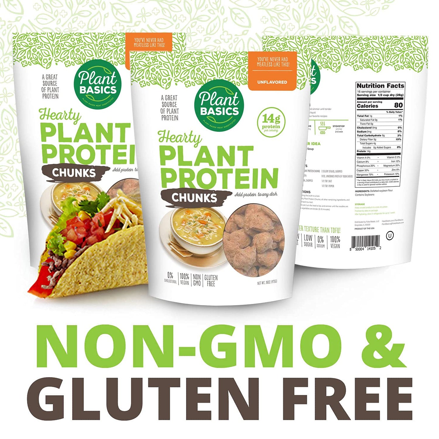 Plant Basics - Hearty Plant Protein - Unflavored Chunks, 1 Lb, Non-Gmo, Gluten Free, Low Fat, Low Sodium, Vegan, Meat Substitute