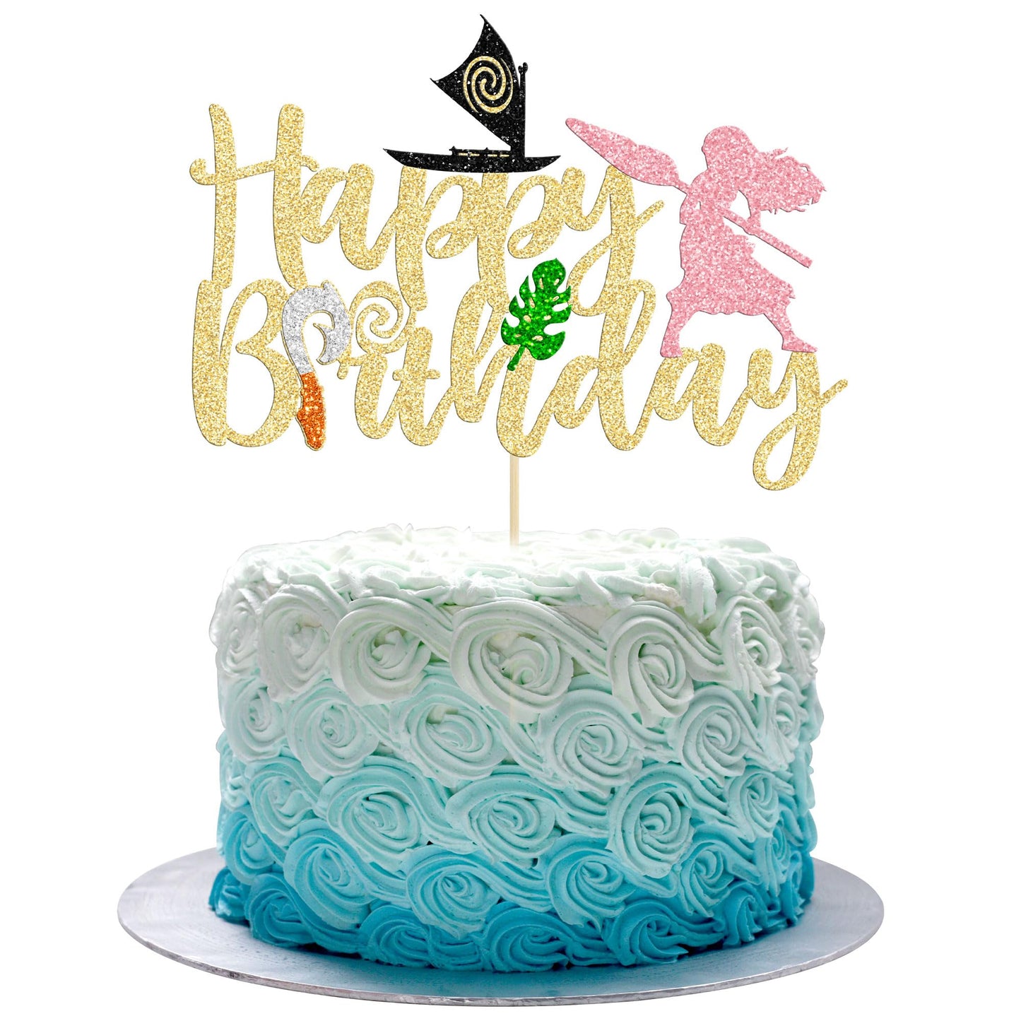1Pc Moa Inspired Cake Topper Black Glitter Palm Leaf Flower Happy Birthday Cake Pick Decoration For Tropical Hawaiian Luau Theme