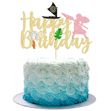1Pc Moa Inspired Cake Topper Black Glitter Palm Leaf Flower Happy Birthday Cake Pick Decoration For Tropical Hawaiian Luau Theme
