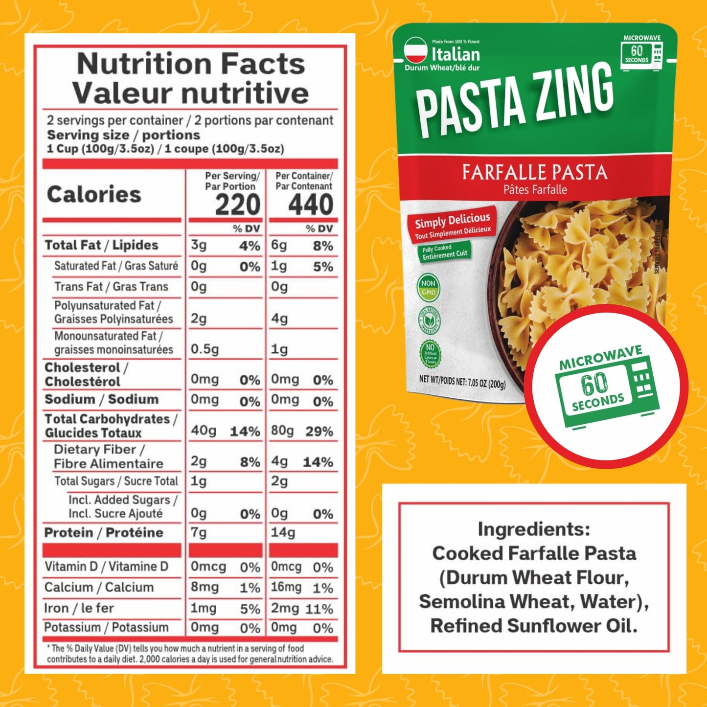 Pasta Zing Mircrowavable Farfalle Pasta Pack Of 7, 7.05 Ounce, | Ready To Eat In 60 Sec | Pasta -100% Italian Durum Wheat | Natu