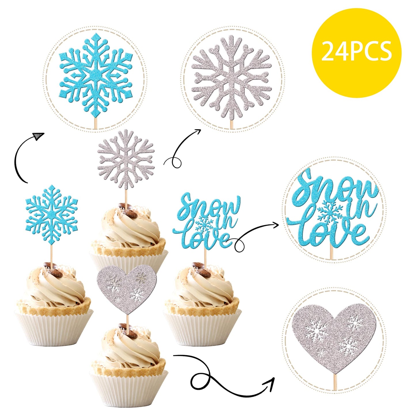 24 PCS Winter Snowflake Cupcake Toppers Glitter Snow in Love Heart Snowflake Cupcake Picks for Winter Frozen Theme Baby Shower W