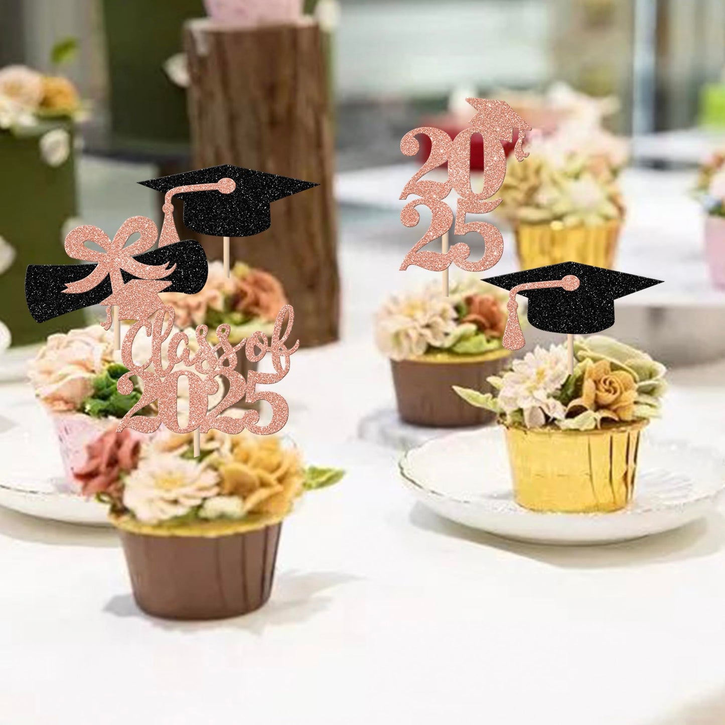 YCTHUNFISH 24 Pack Cupcake Toppers, Rose Gold Graduation 2025 Diploma & Cap Picks, Bamboo Decorations for Parties