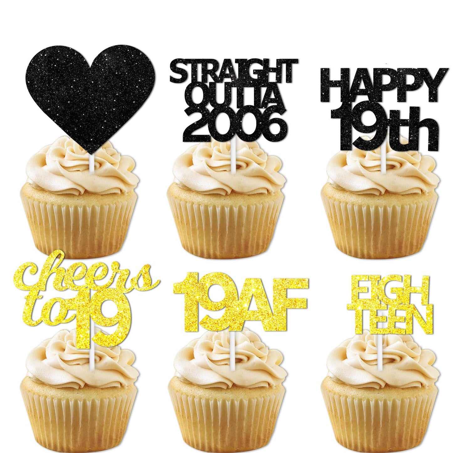 18pcs Black Gold Glitter Dessert Cupcake Pick for Straight Outta 2006 Cheer to 19 Years Old Theme Decor Supplies Happy 19th Birt