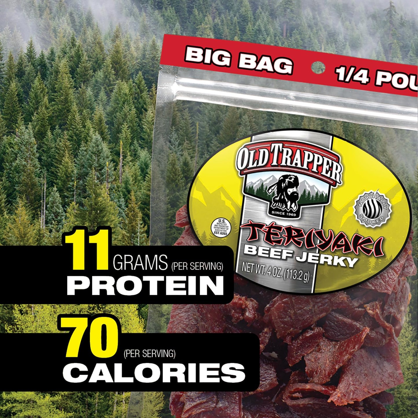 Old Trapper Beef Jerky, Teriyaki, 1/4-Pound Pack of 8, 11g Protein, 4 oz Total Weight
