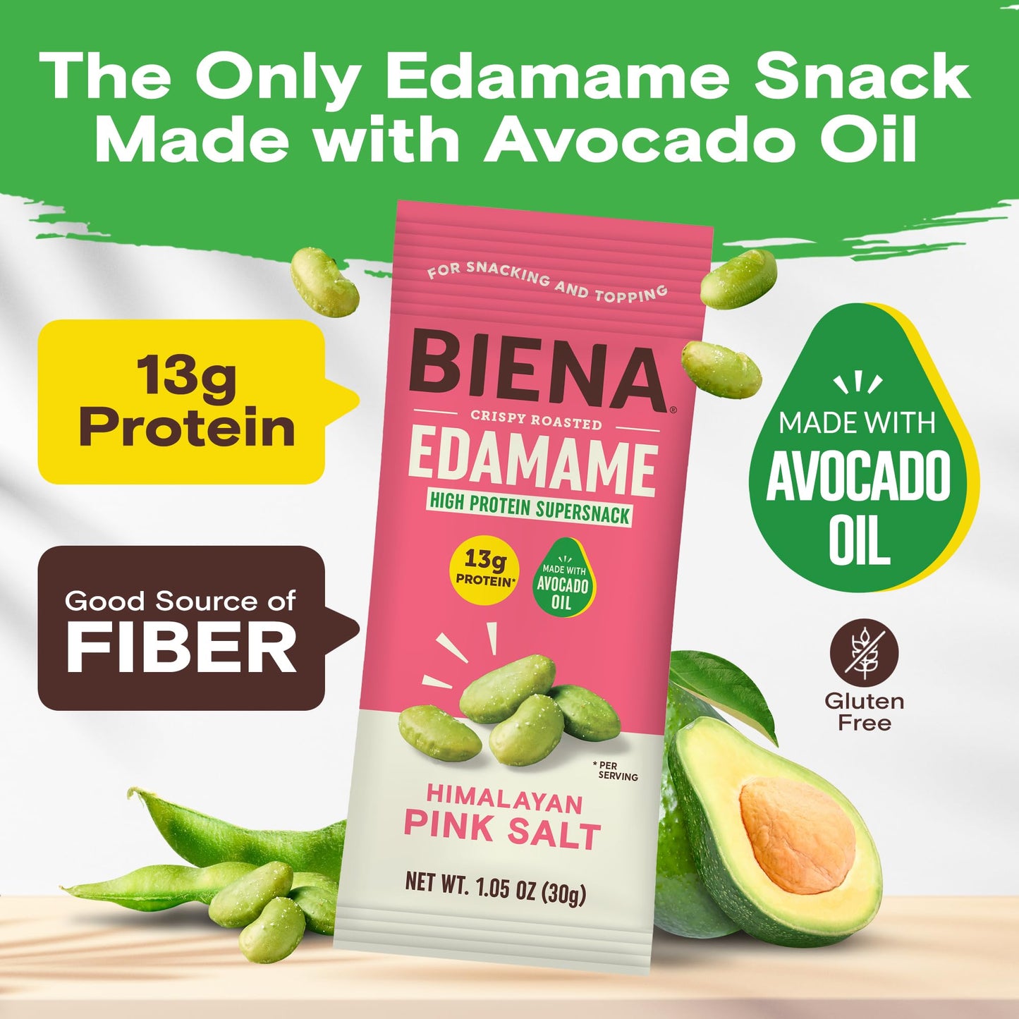 Biena Crispy Roasted Edamame Beans Snack - High Protein Low Carb Snack for Adults & Kids, 13g Protein per Serving - Made w/Avoca