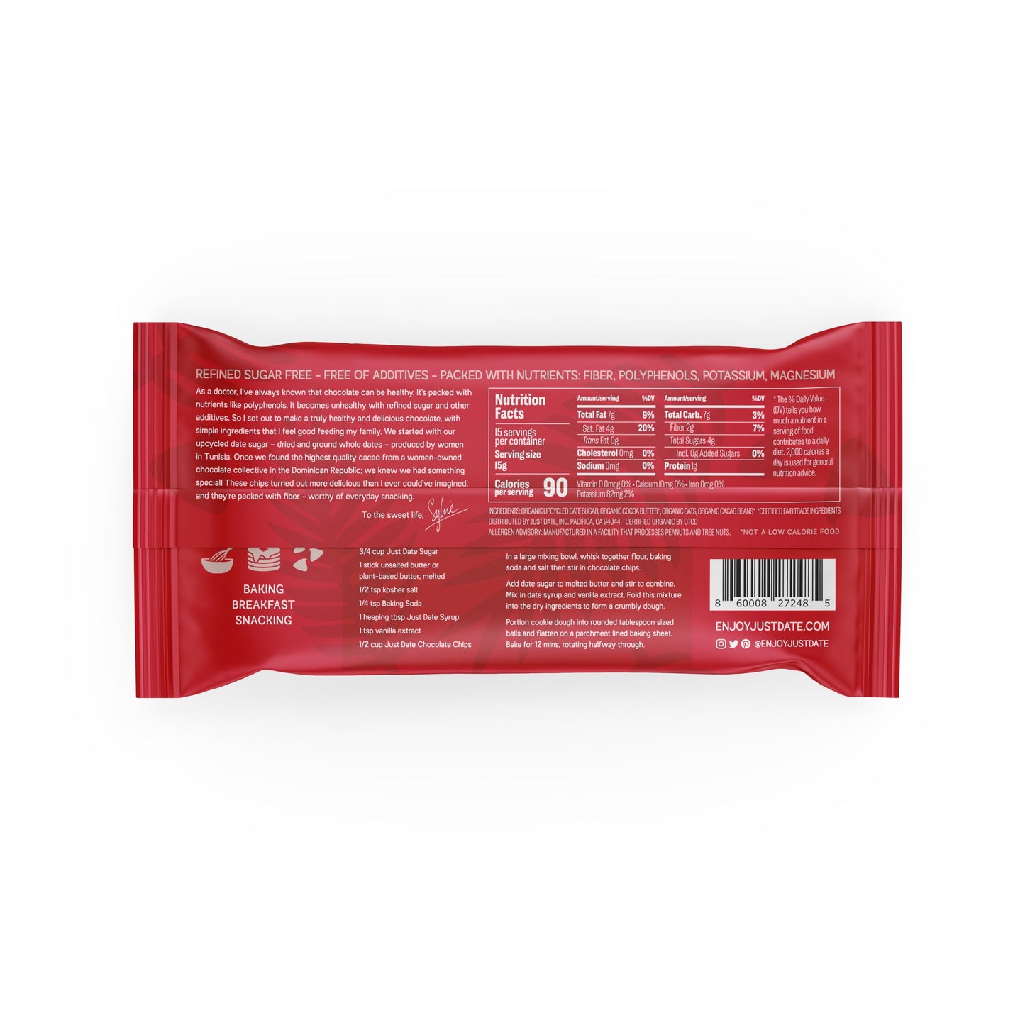 Just Date Syrup Organic Date Sweetened Milk Chocolate Chips, 35% Cacao, Vegan, No Sugar Added, 8 Oz
