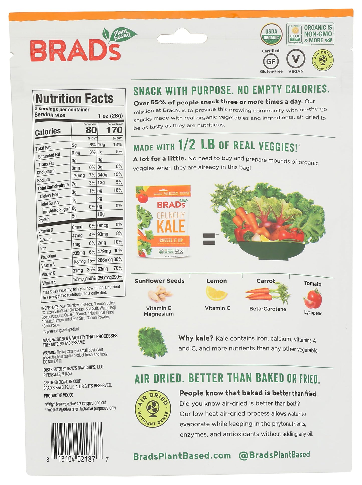 Brads Plant Based Kale Cheeze It Up Chip 2 Oz