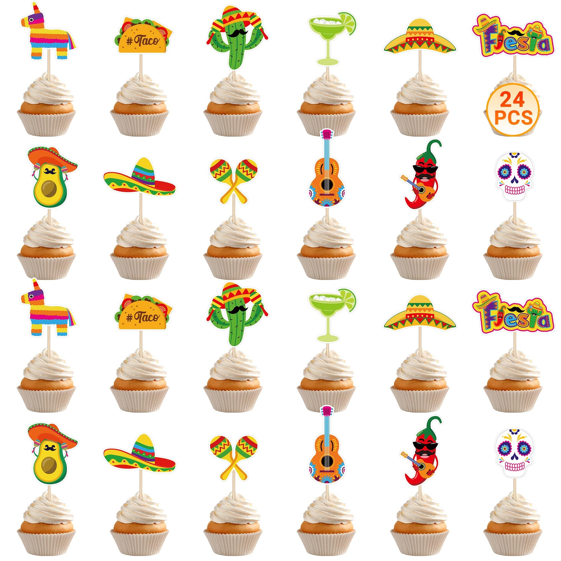 QZYL 24 PCS Cinco De Mayo Decorations, Fiesta Cake Toppers, Paperboard, Multi-Style, LK-MAY-caketopper-24, Flesta