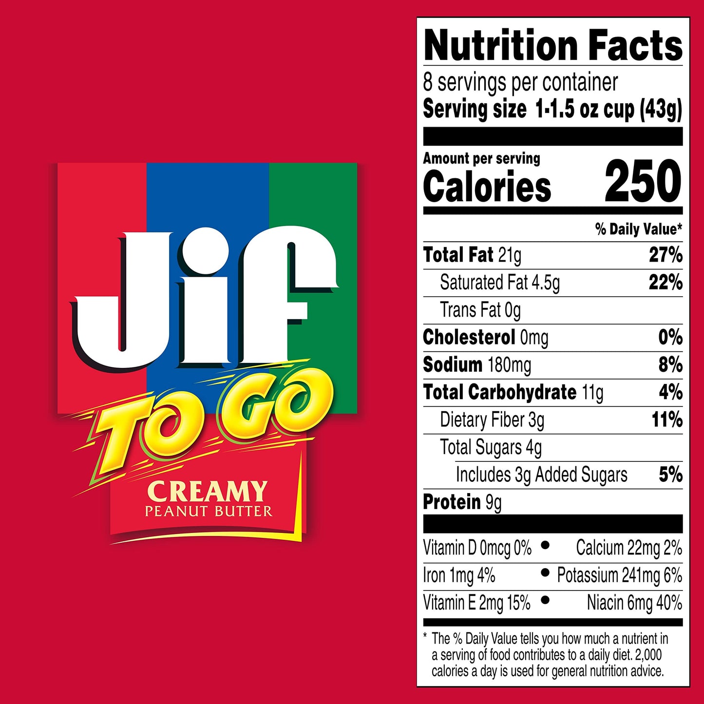 Jif To Go Creamy Peanut Butter, 8-1.5 Ounce Cups, Smooth And Creamy Texture, Snack Size Packs