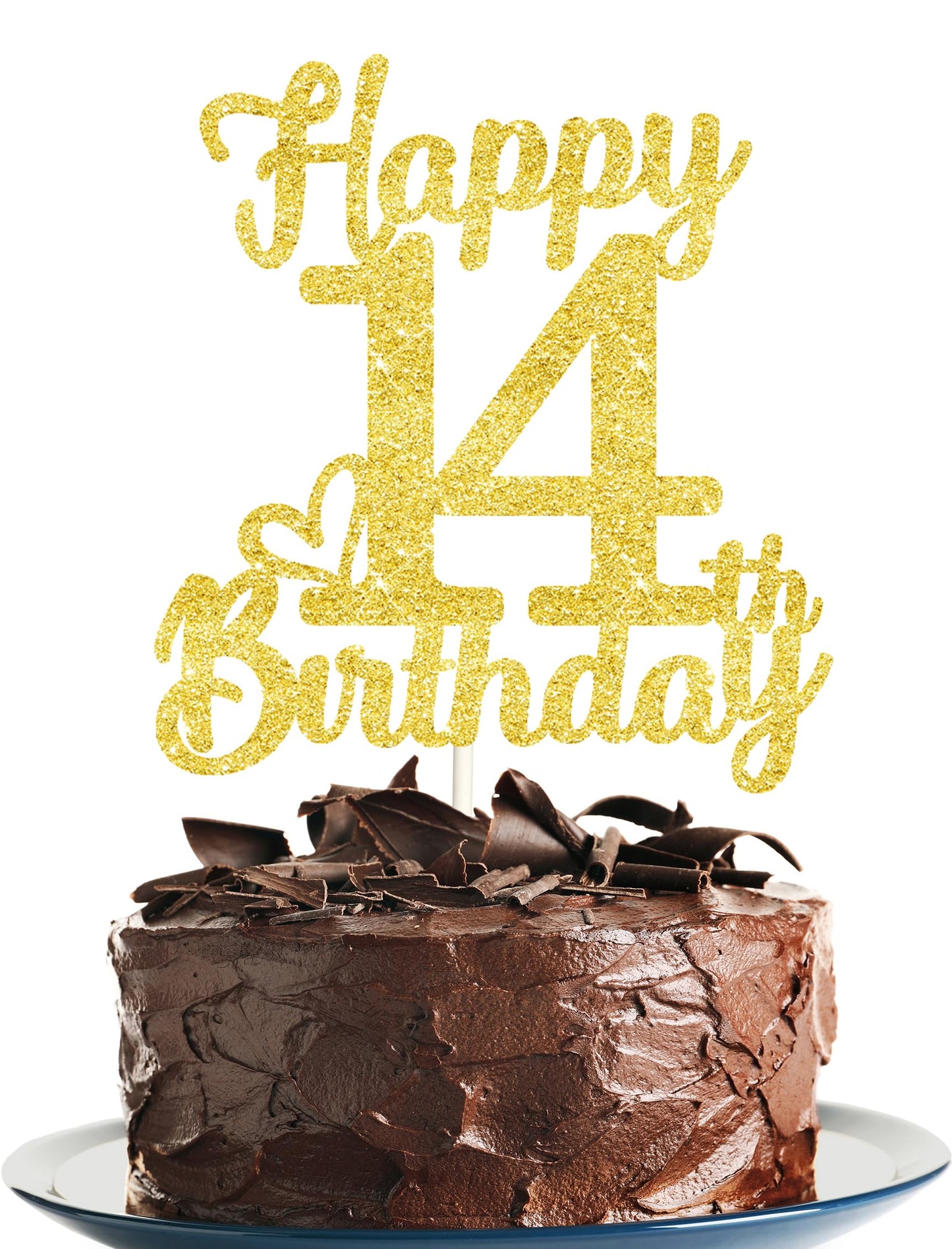 14Th Birthday Cake Topper - Double Sided Gold Glitter, Happy 14Th Birthday Cake Topper For Girls,14 Cake Decorations For Girls,