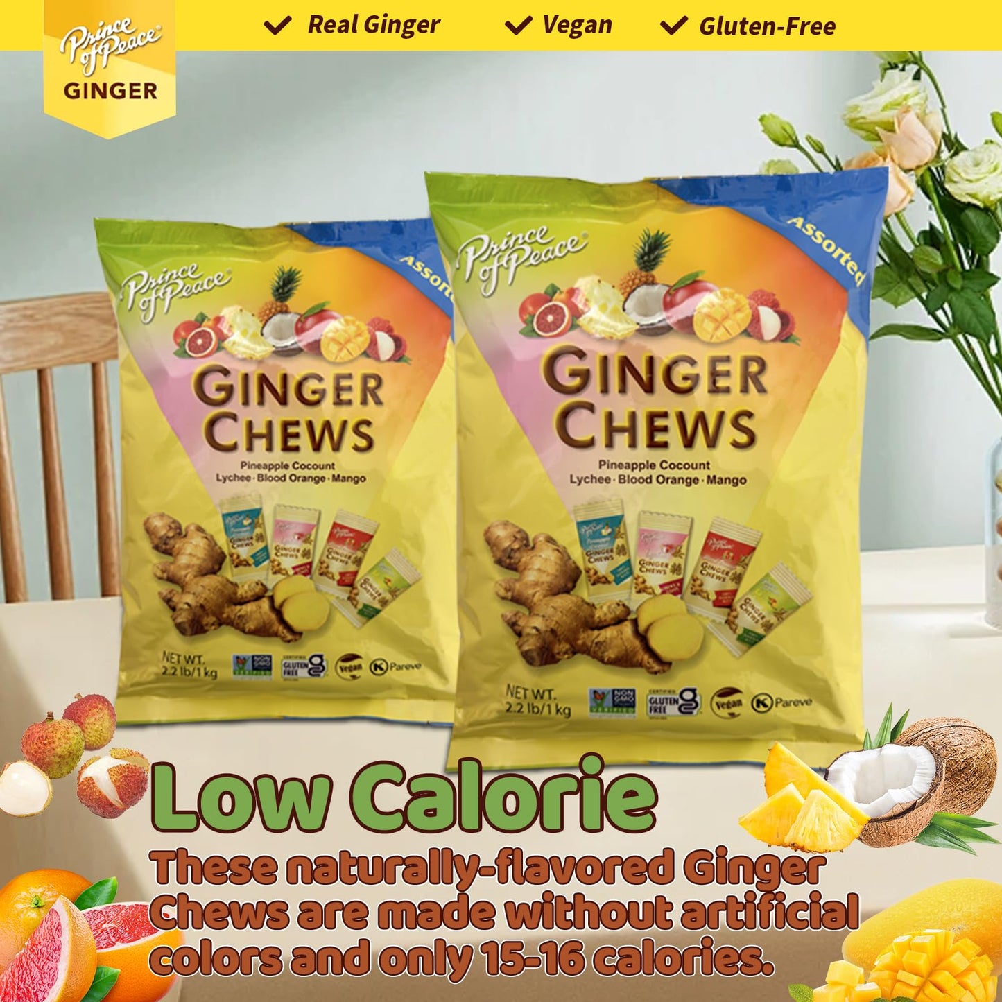 Prince Of Peace Ginger Chews Assorted Flavors (Mango, Blood Orange, Pineapple Coconut, Lychee) Candied Ginger - Candy Pack - Gin