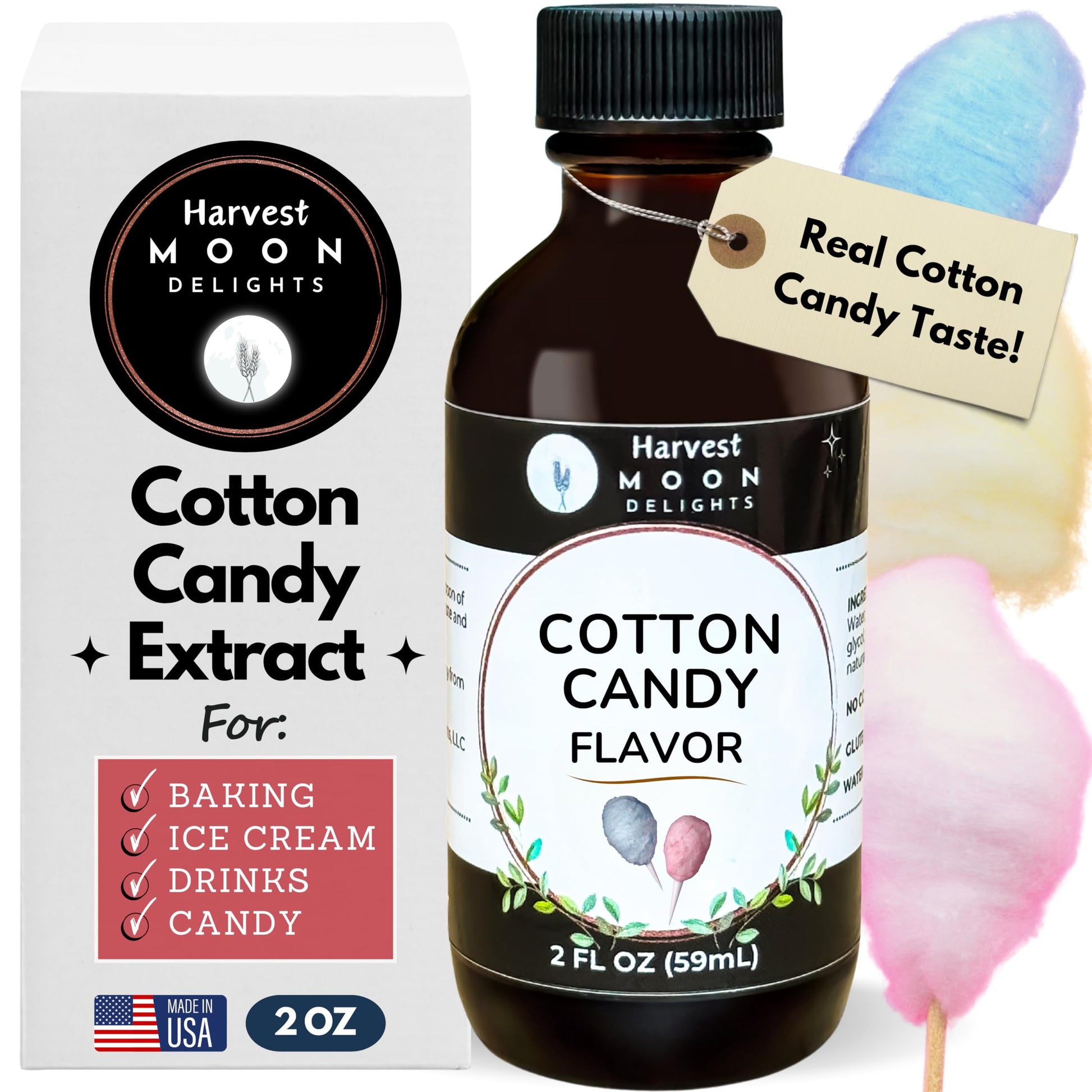 Cotton Candy Flavoring Extract - 2 oz - Water-Soluble - By Harvest Moon Delights - Cotton Candy Extract for Baking, Ice Cream, D