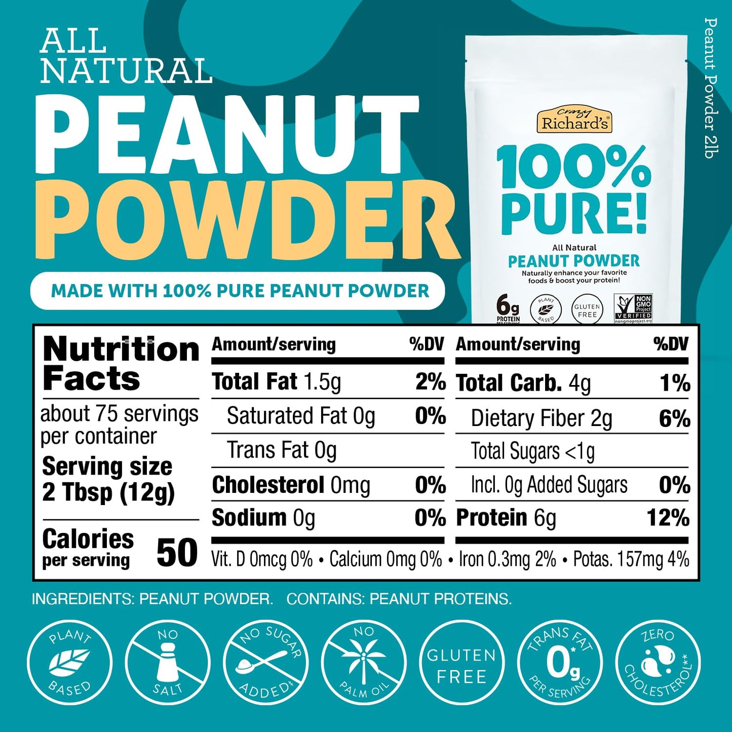 Crazy Richards 100% All-Natural Peanut Butter Powder with No Added Sugar and Non GMO (2 Pound Bag, Pack of 1)