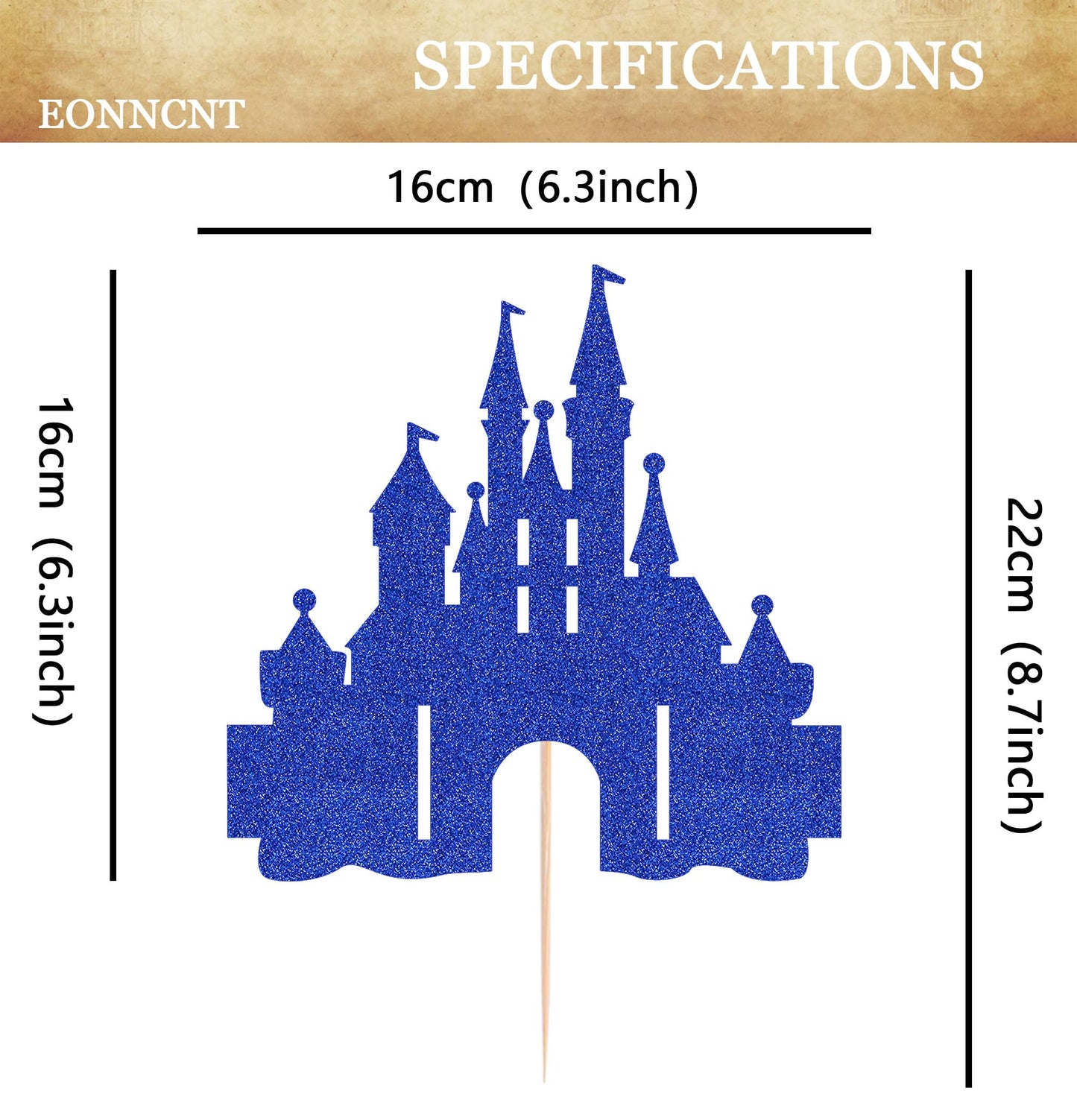 EONNCNT Castle Cake Topper - Royal Blue Glitter Cardboard Birthday Decoration Supplies