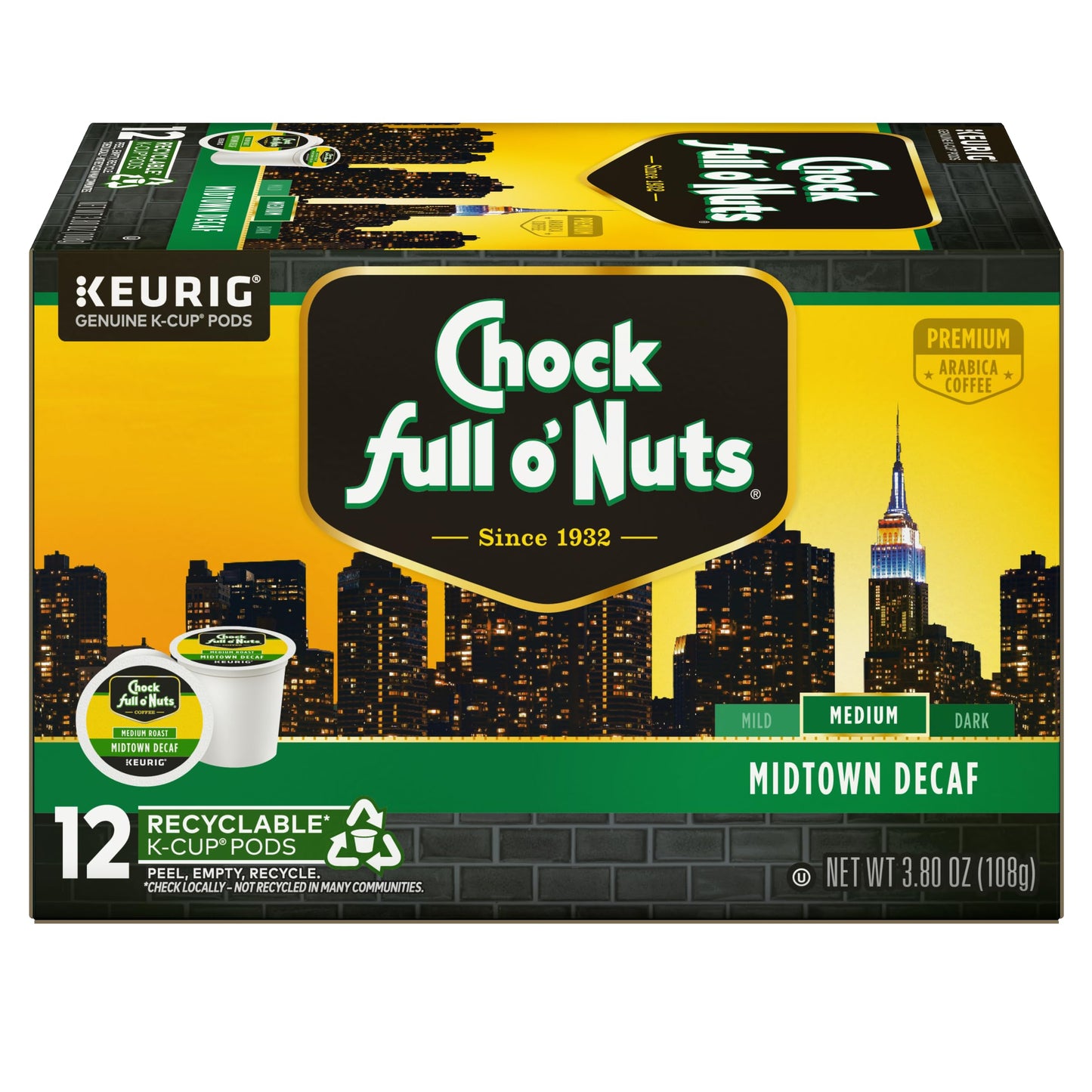 Chock Full o Nuts Decaf Keurig K-Cup Pods, Premium Arabica, Medium Roast, 12 Count