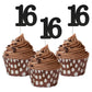 Sumerk 24Pcs Number 16 Cupcake Toppers Black Glitter 16Th Birthday Cupcake Picks Anniversary Party Decorations
