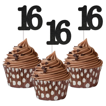 Sumerk 24Pcs Number 16 Cupcake Toppers Black Glitter 16Th Birthday Cupcake Picks Anniversary Party Decorations