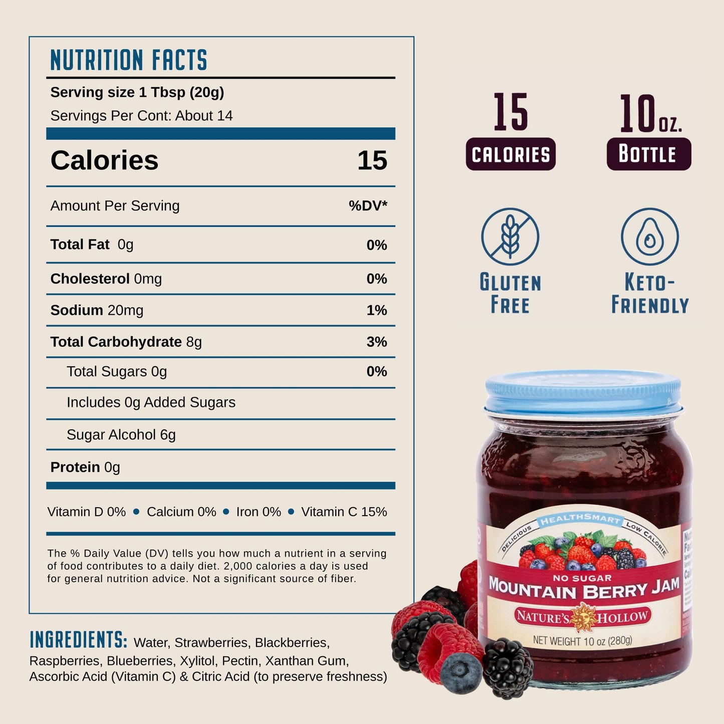 Natures Hollow Sugar Free Mountain Berry Jam, Vegan, Gluten Free, 10 Fl Oz, Pack of 6