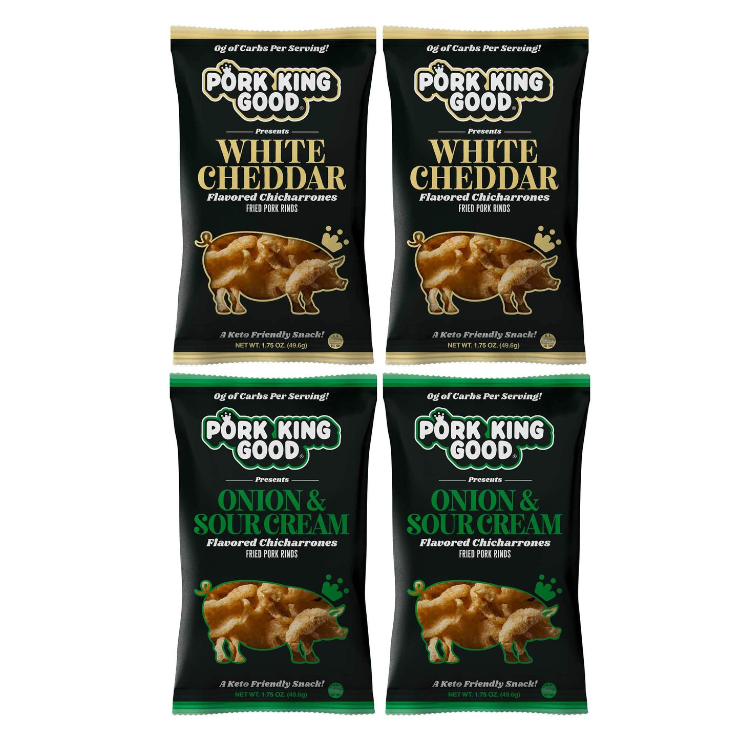 Pork King Good Pork Rinds (Chicharrones) (Variety 4 Pack: White Cheddar/Onion & Sour Cream)