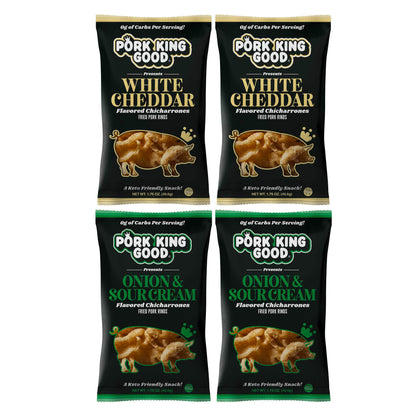 Pork King Good Pork Rinds (Chicharrones) (Variety 4 Pack: White Cheddar/Onion & Sour Cream)