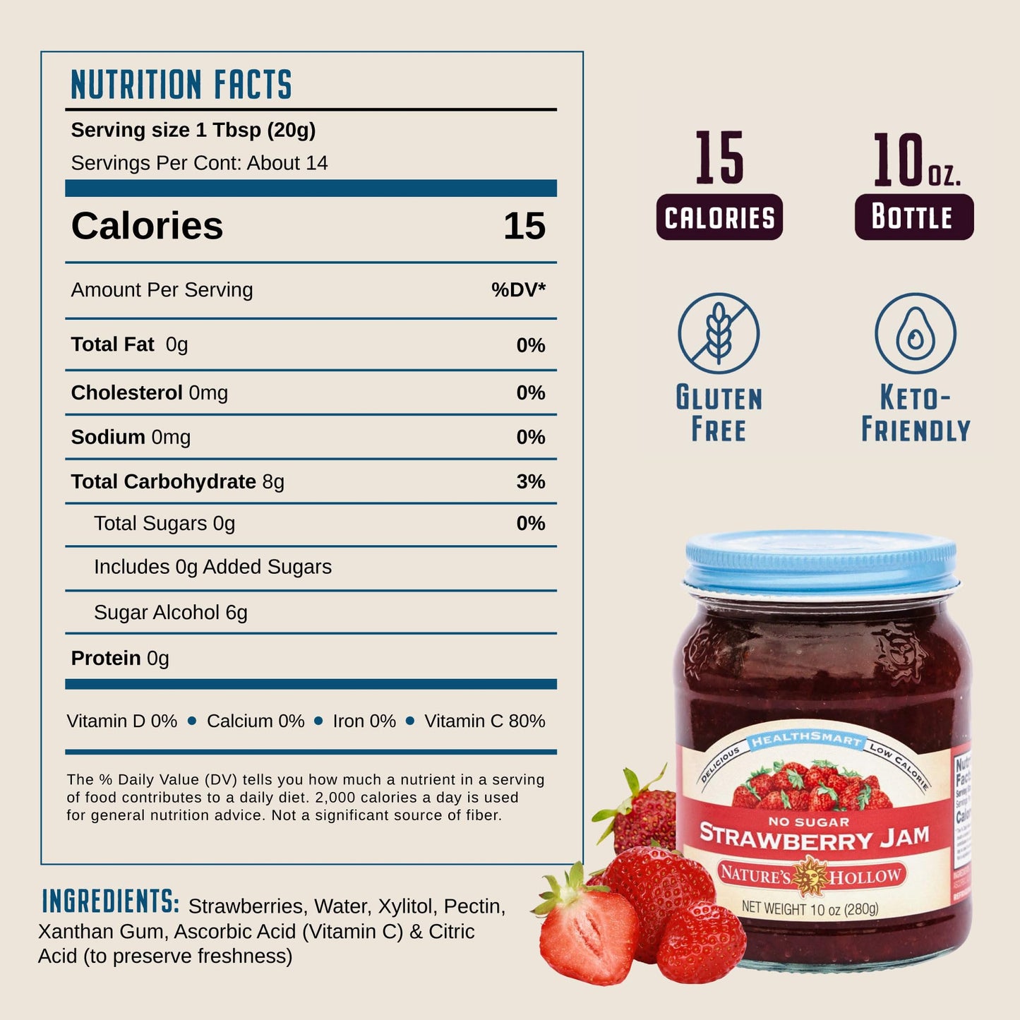 Natures Hollow Strawberry Jam, Sugar Free, Vegan, Gluten Free, 10oz Pack of 6