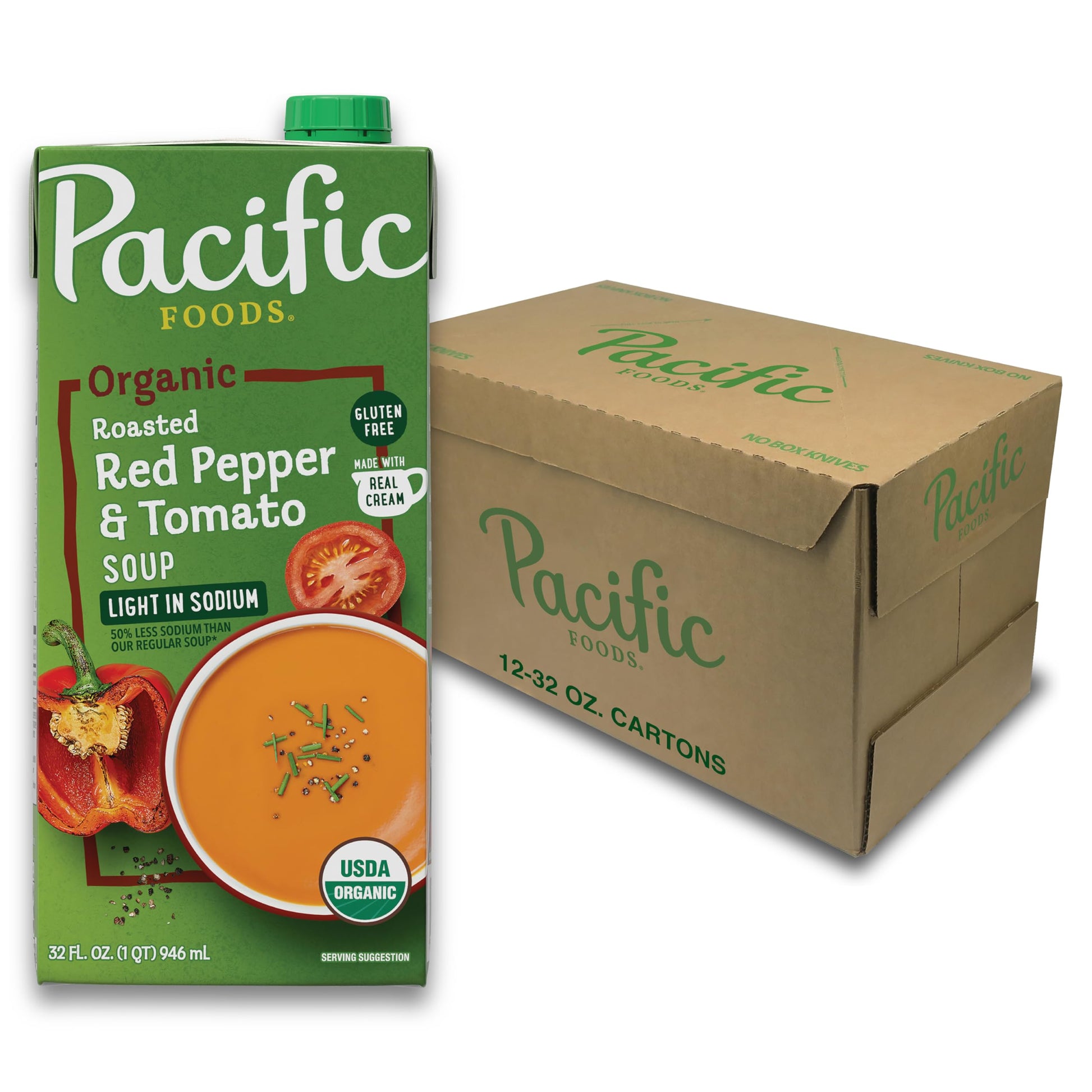 Pacific Foods Organic Light In Sodium Roasted Red Pepper And Tomato Soup, 32 Oz Carton (Pack Of 12)