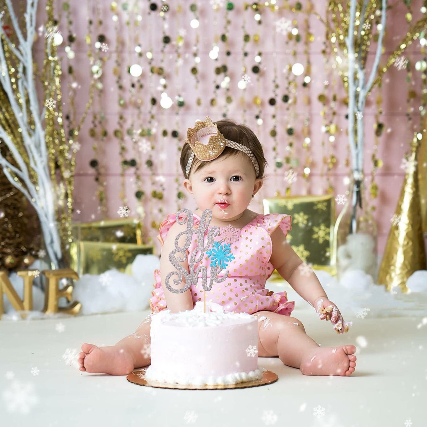 1 Pcs Snowflake He Or She Cake Topper Glitter Gender Reveal Boy Or Girl Cake Pick For Snowflake Gender Reveal Baby Shower Kids B