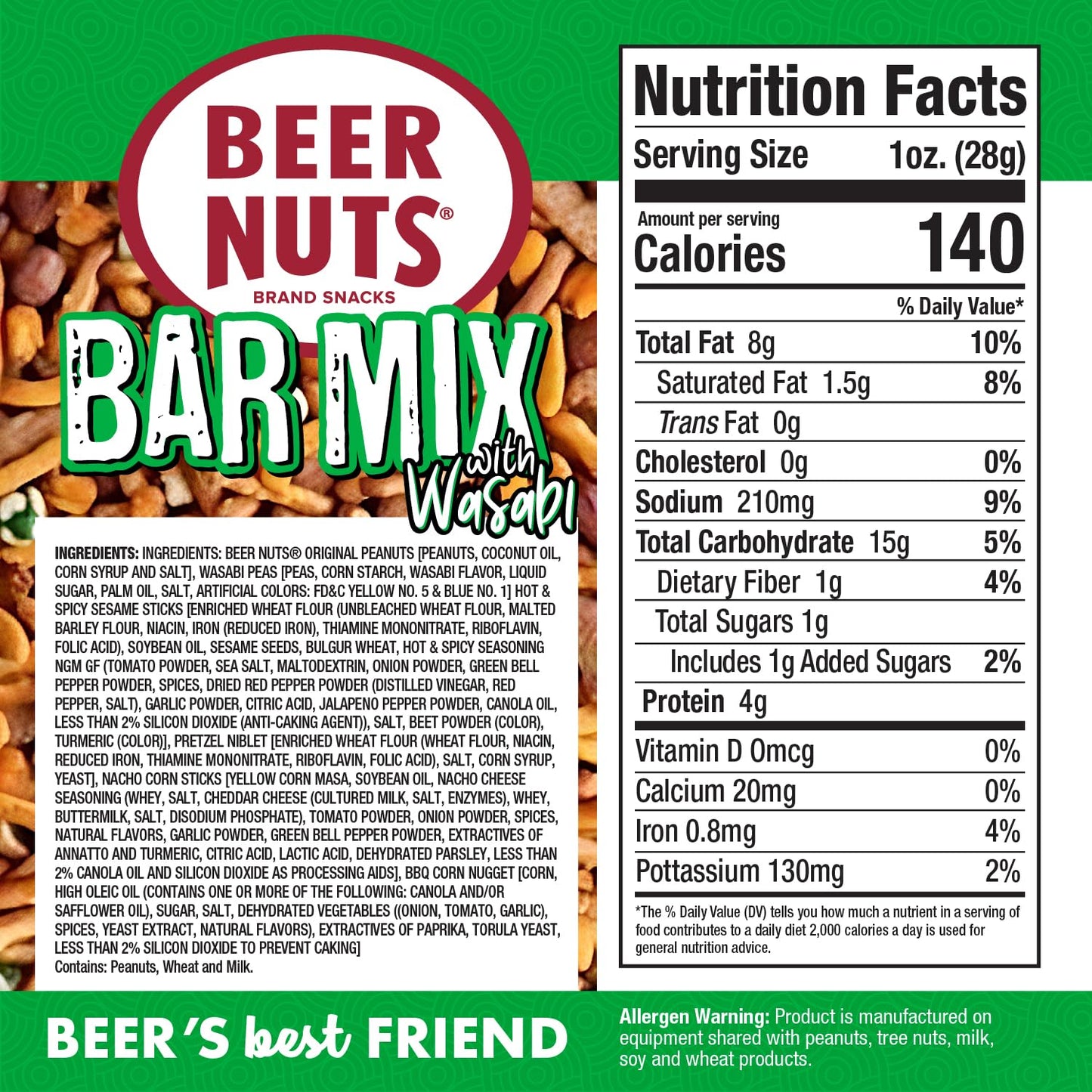 malt-inspired NUTS Bar Mix - Roasted Peanuts, Wasabi Peas, Sesame Sticks, 26oz Resealable Jar