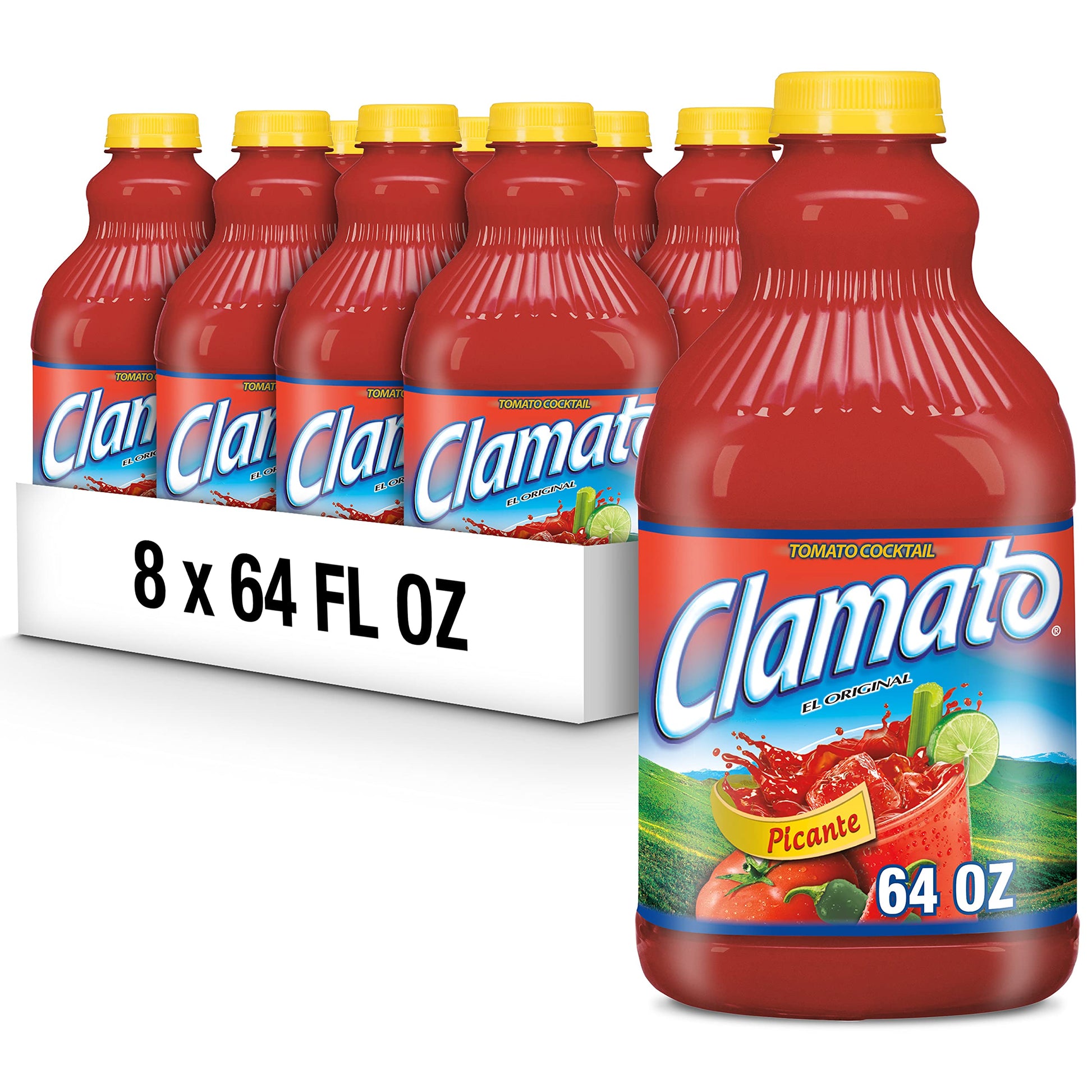 Clamato Picante Tomato Cocktail, 64 fl oz (Pack of 8), Authentic Spicy Flavored Juice, Perfect for Mixers