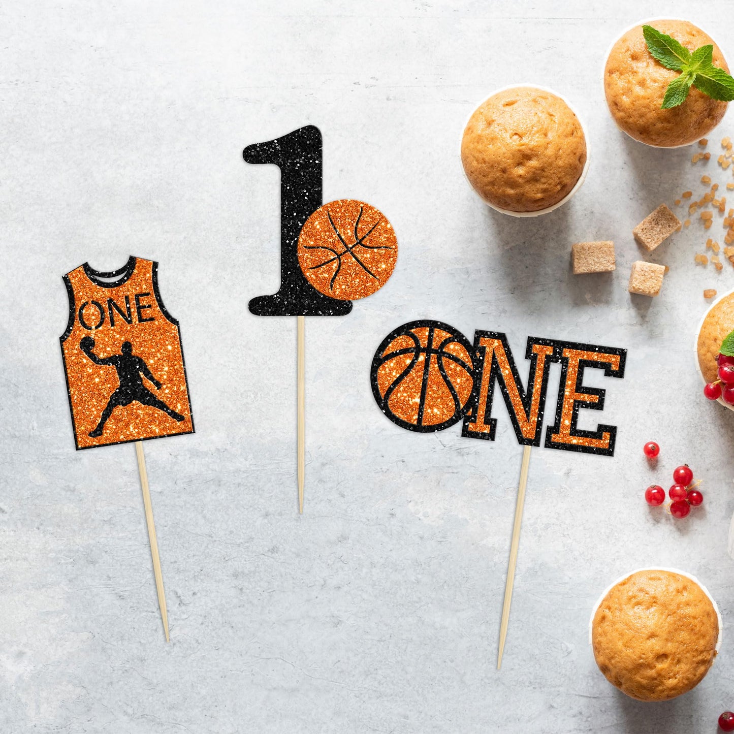 24Pcs Basketball One Cupcake Toppers Glitter Number 1 First Birthday Basketball Cupcake Picks For Basketball Sports Theme Baby S