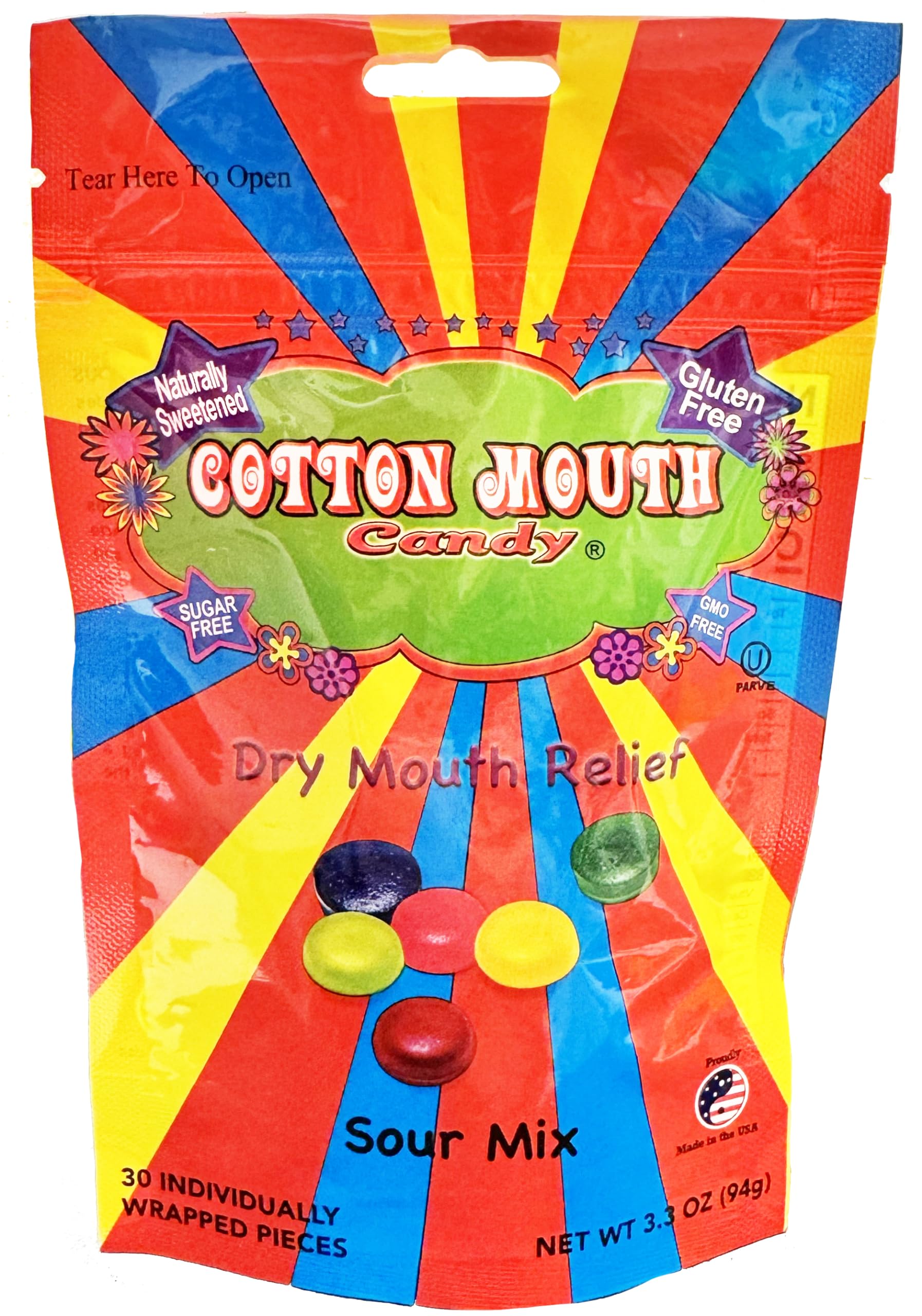 Cotton Mouth Candy Dry Mouth Relief Fruit Mix 3.3 Ounce Bag (1 Bag) | Relieves Dry Mouth & Increases Saliva Production, Sugar Free, Gluten Free, Delicious Sour Flavor, Individually Wrapped, 30 Ct