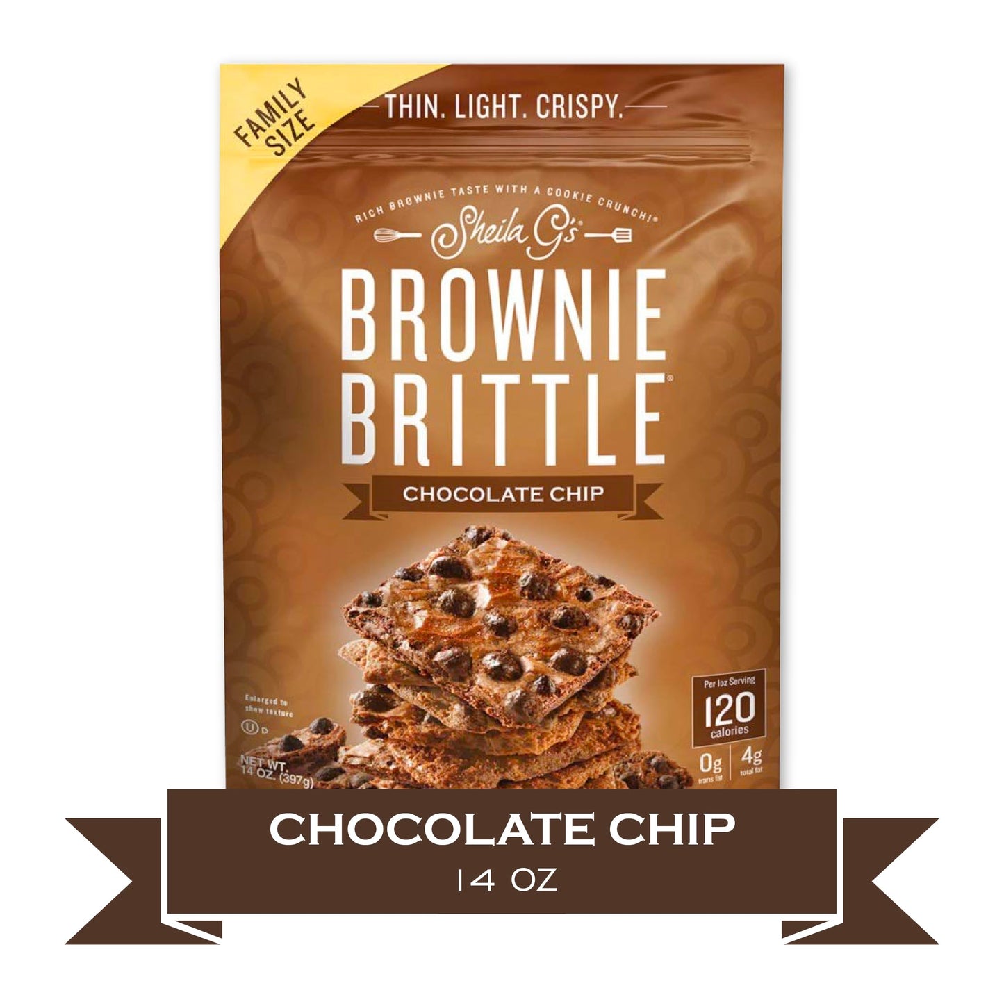Sheila Gs Brownie Brittle - Original Chocolate Chip Thin and Crispy Sweet Snacks, Family Size (Pack of 1, 14 oz), Rich Gourmet