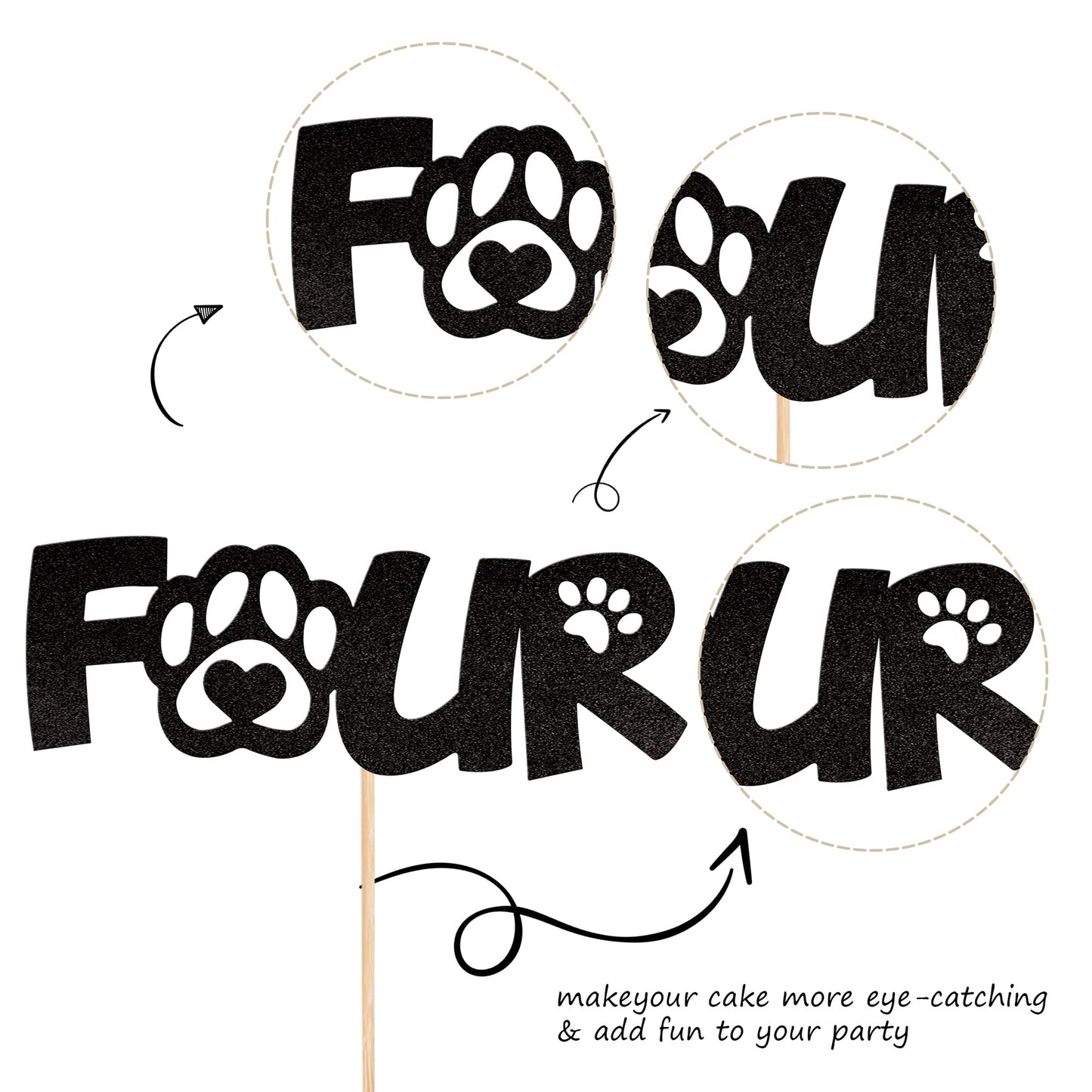 1 Pcs Four Cake Topper Black Glitter 4 Years Old Birthday Dog Paw Cake Pick For Puppy Dog Let'S Pawty Theme Kids Boys Girls 4Th
