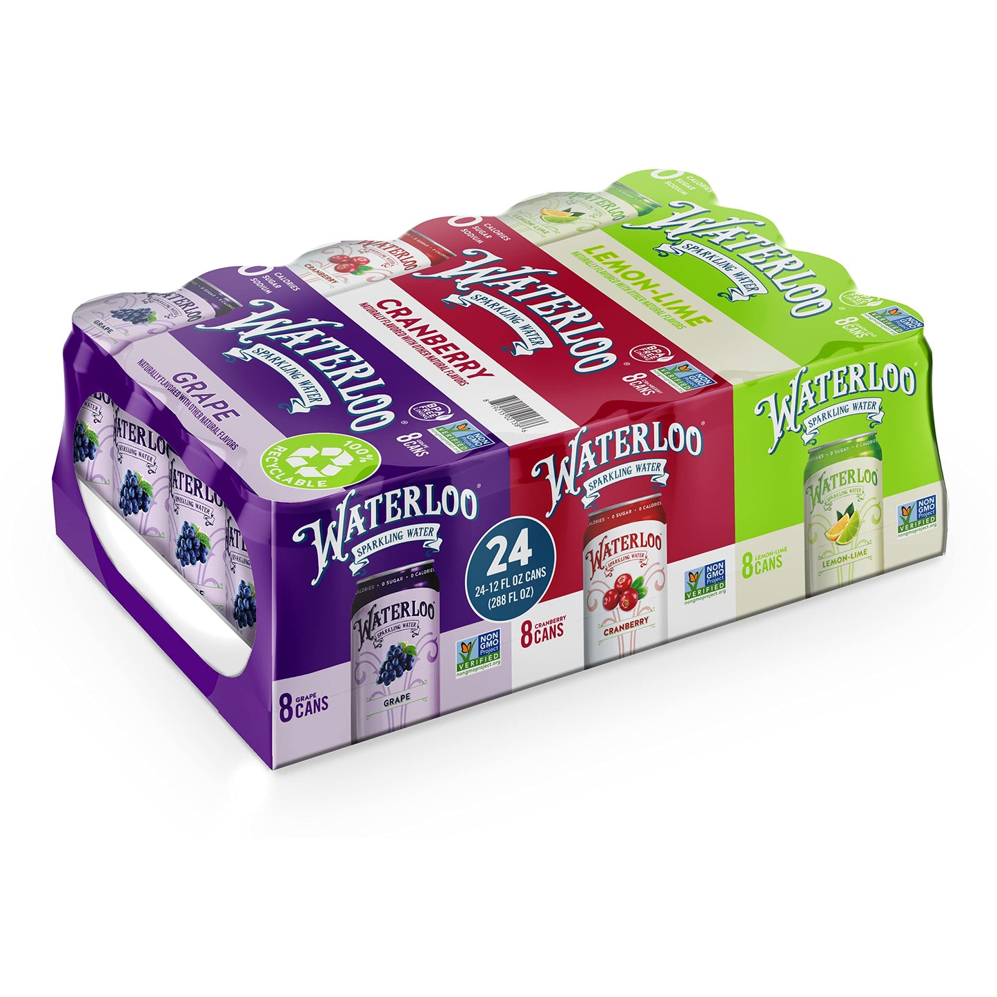 Waterloo Sparkling Water Variety Pack, 12 Fl Oz Cans, Pack of 24, 8 x Cranberry, 8 x Grape, 8 x Lemon-Lime | Zero Calories, Suga