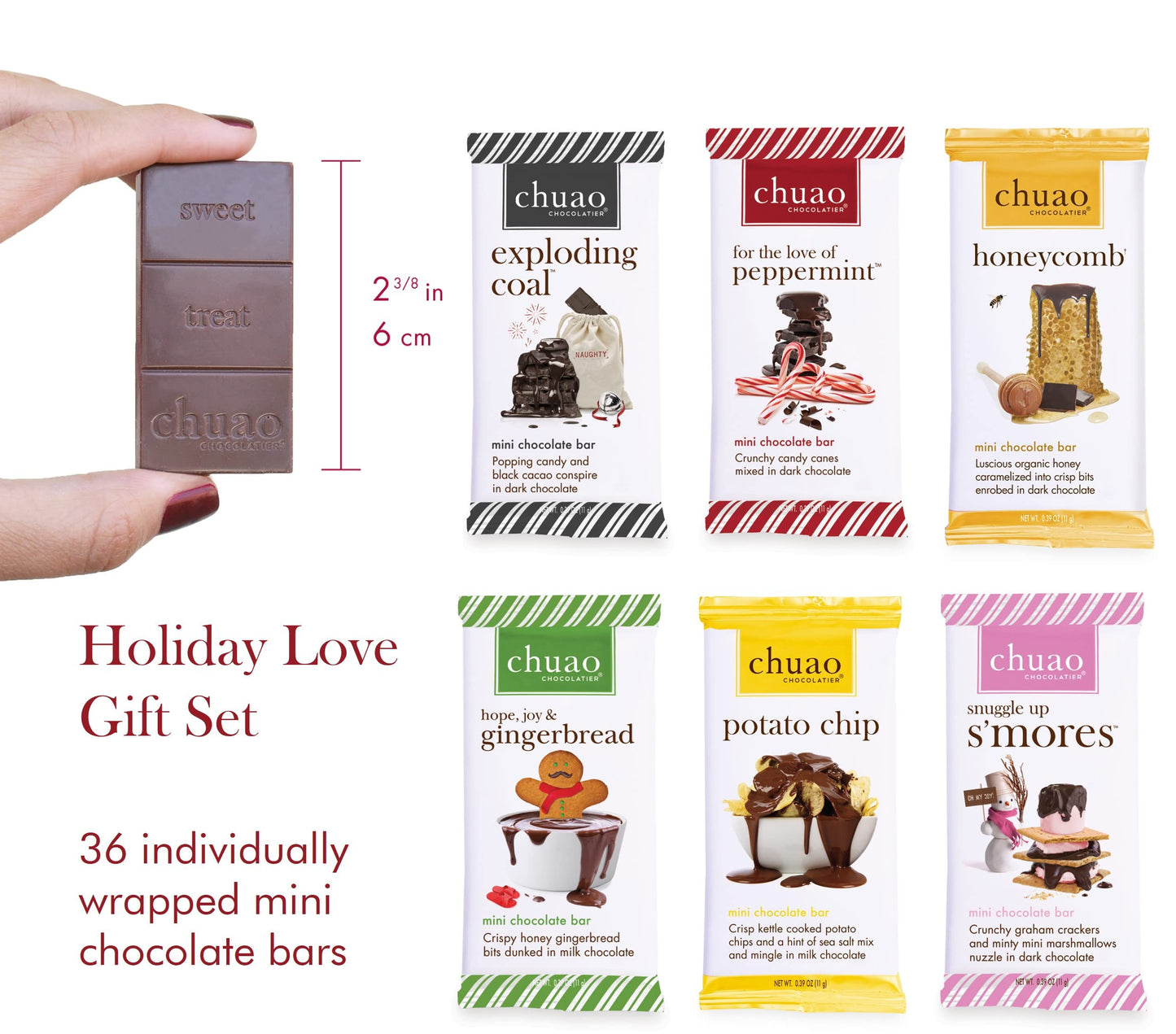 Chuao Chocolatier Holiday Love Gift Box Mini Bars | Gourmet Assorted Dark & Milk Mini Seasonal Chocolate Bars | 35 Pack (0.39 Oz Each)