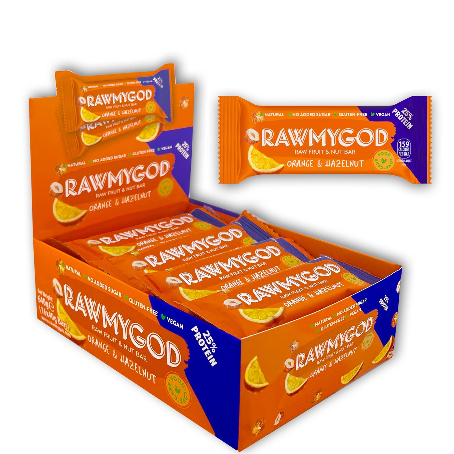 Rawmygod Fruit And Nut Bars, Good Source Of Protein (10G, 25% Protein Content), Gluten Free, Vegan, No Added Sugar (16 Bars, Orange & Hazelnut)