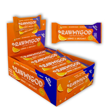 Rawmygod Fruit And Nut Bars, Good Source Of Protein (10G, 25% Protein Content), Gluten Free, Vegan, No Added Sugar (16 Bars, Orange & Hazelnut)