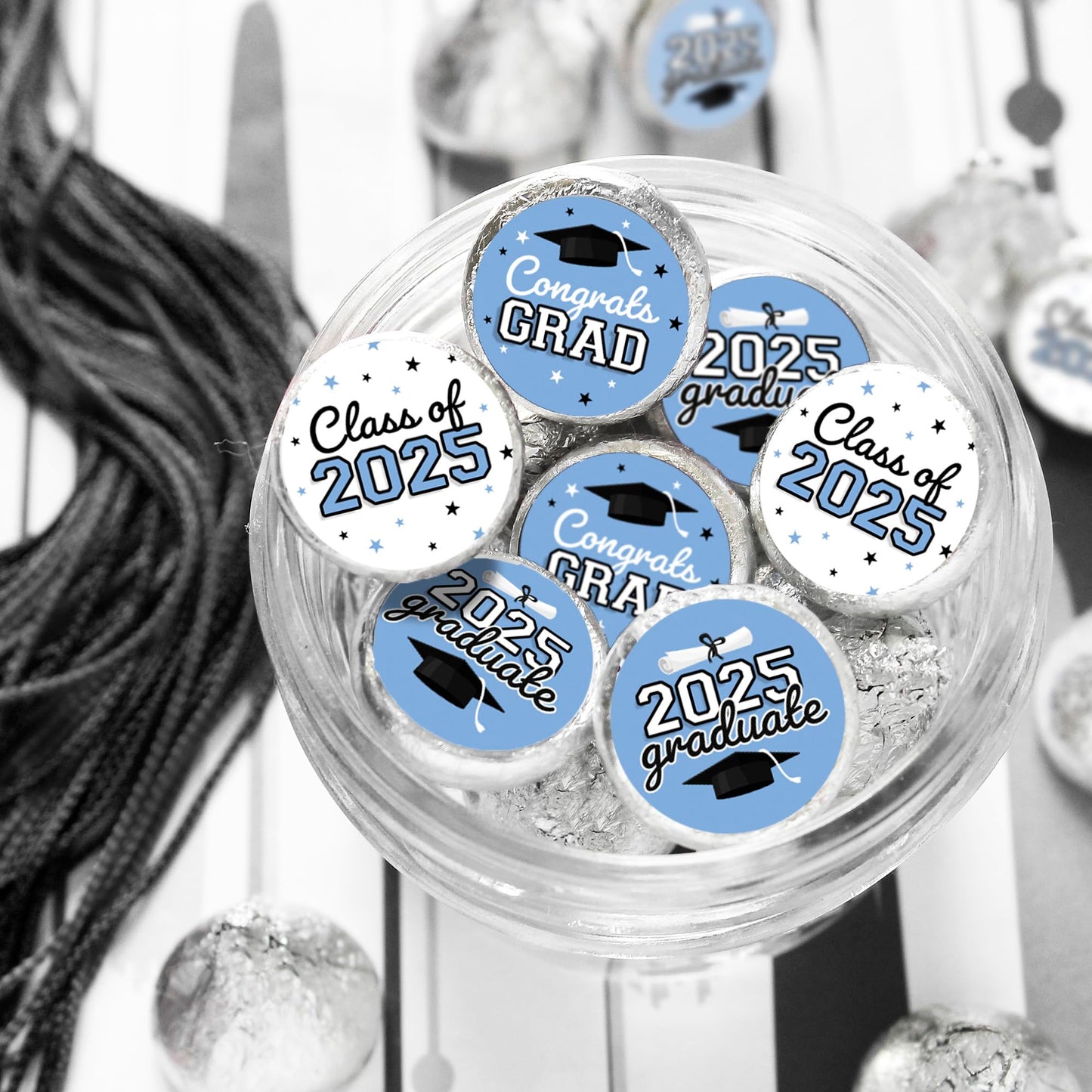 Powder Blue Graduation Party Stickers For Kisses Candy, Chocolate Drops, 2025 Grad Party Favors - 180 Count