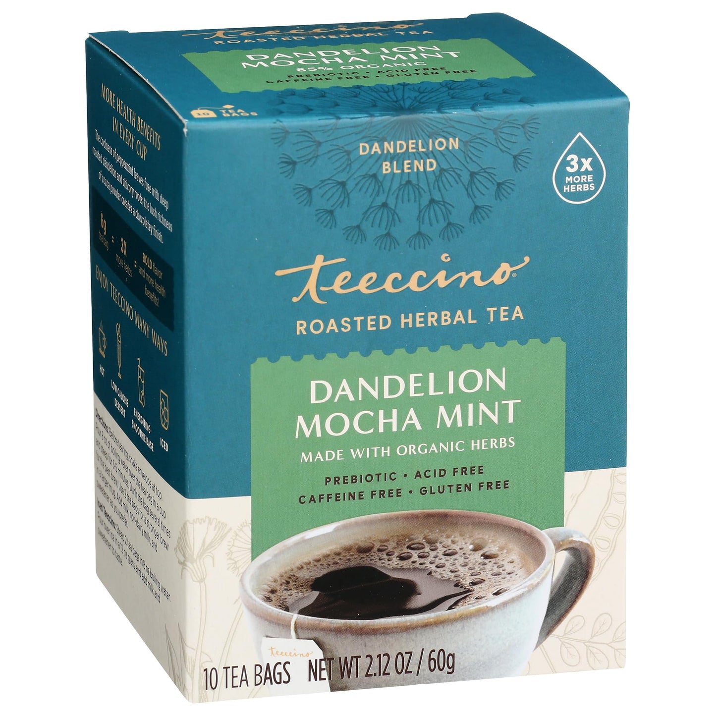 Teeccino Dandelion Mocha Mint Herbal Tea - Caffeine Free, Gluten Free - 10 Tea Bags, Model TEE43310